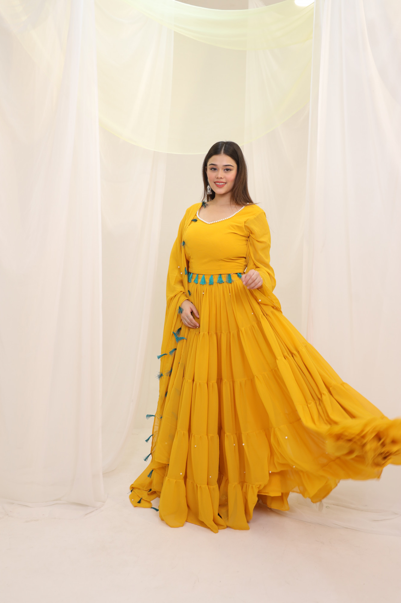 Sunflower Tassels Details Georgette Lehenga Set