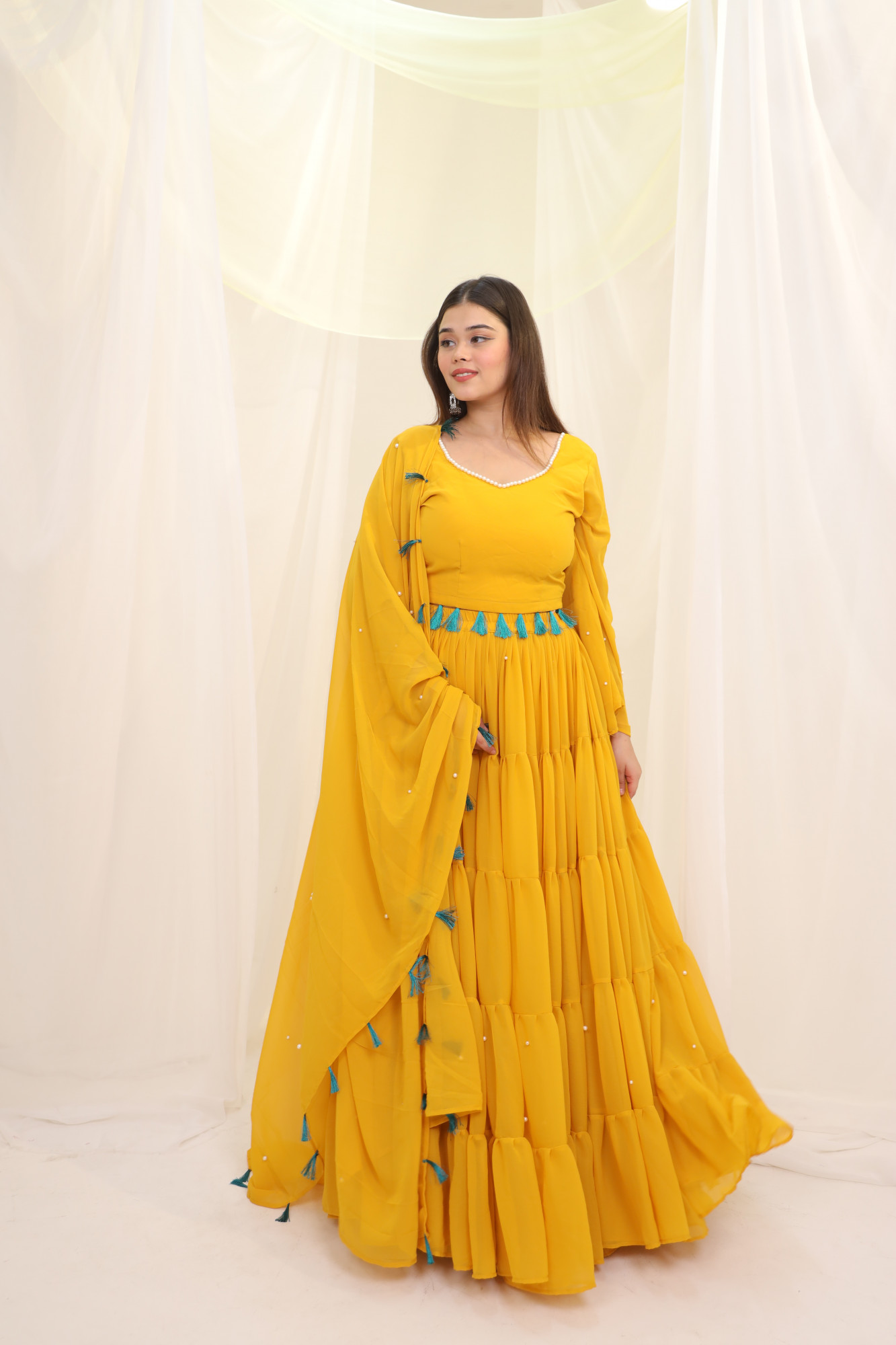 Sunflower Tassels Details Georgette Lehenga Set