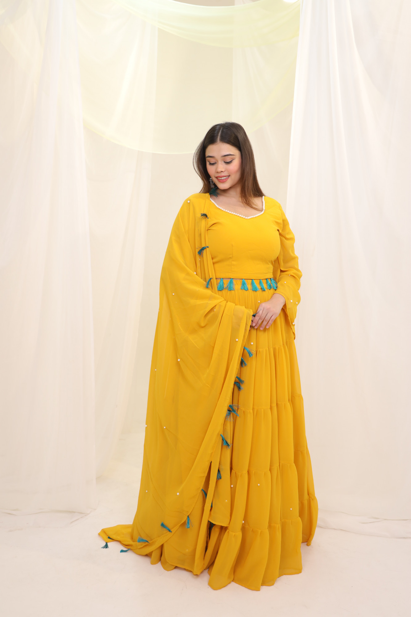 Sunflower Tassels Details Georgette Lehenga Set