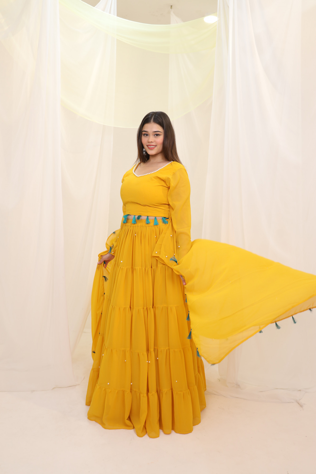 Sunflower Tassels Details Georgette Lehenga Set