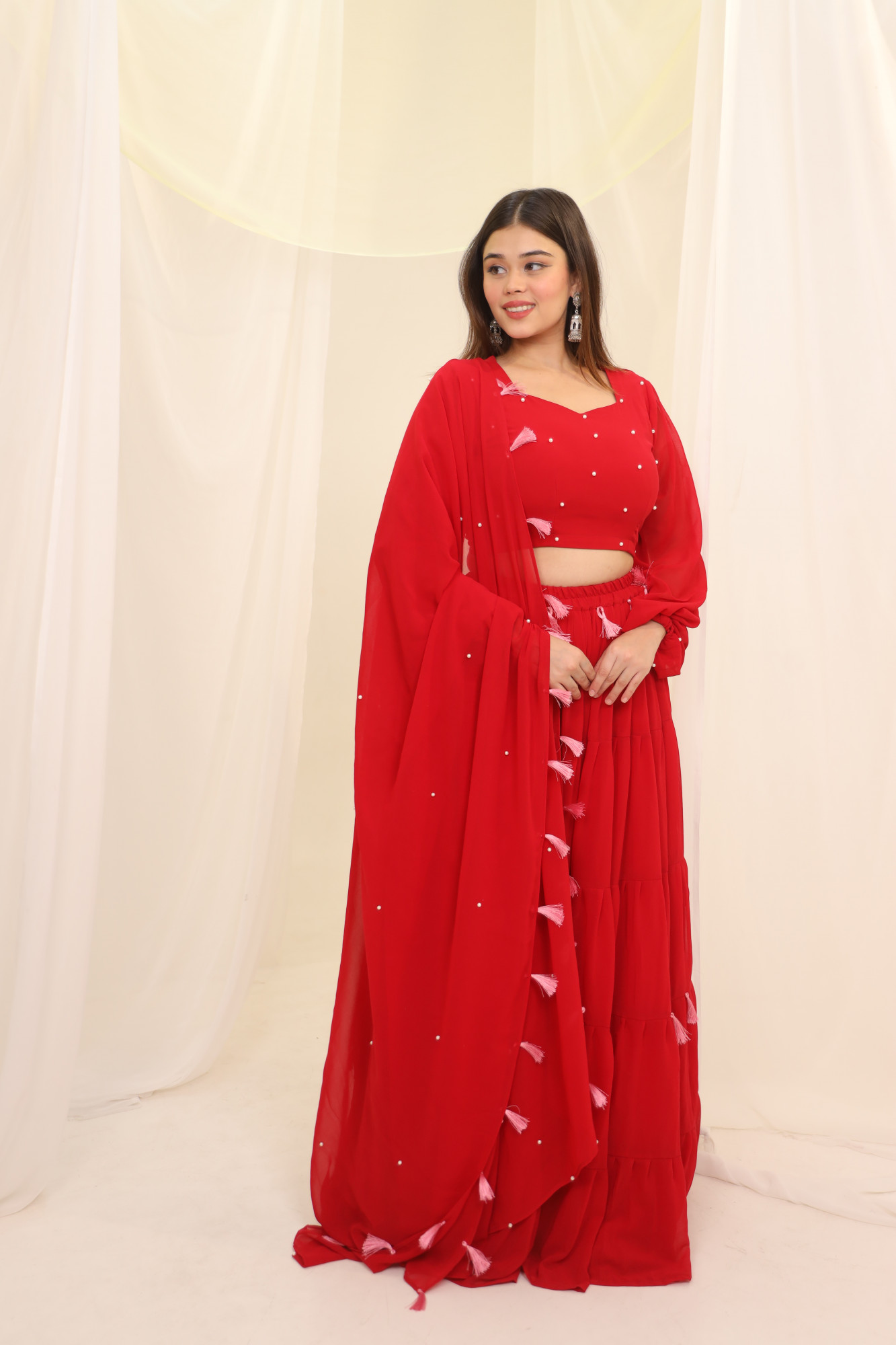 Red Tassels Details Georgette Lehenga Set