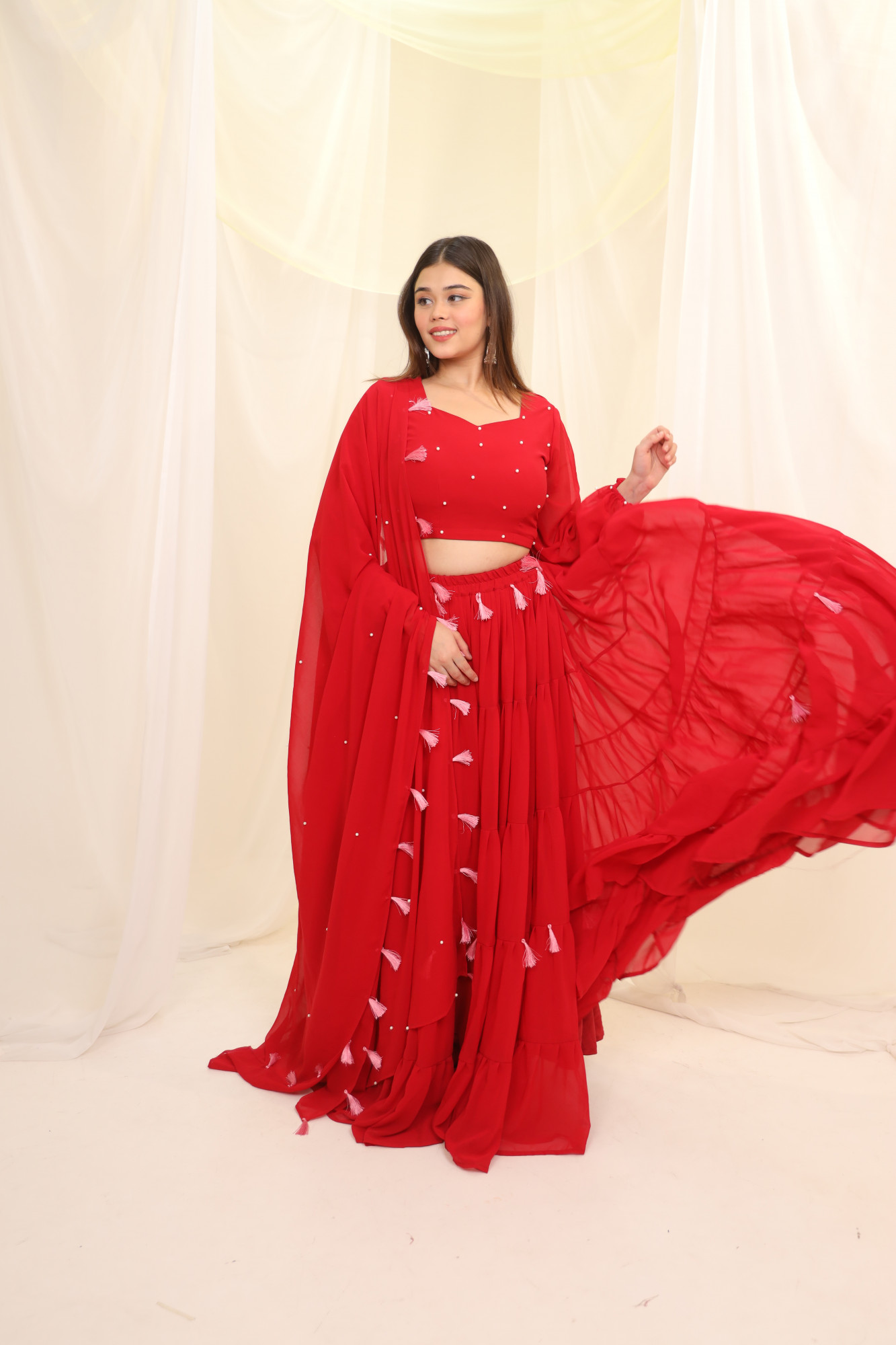 Red Tassels Details Georgette Lehenga Set
