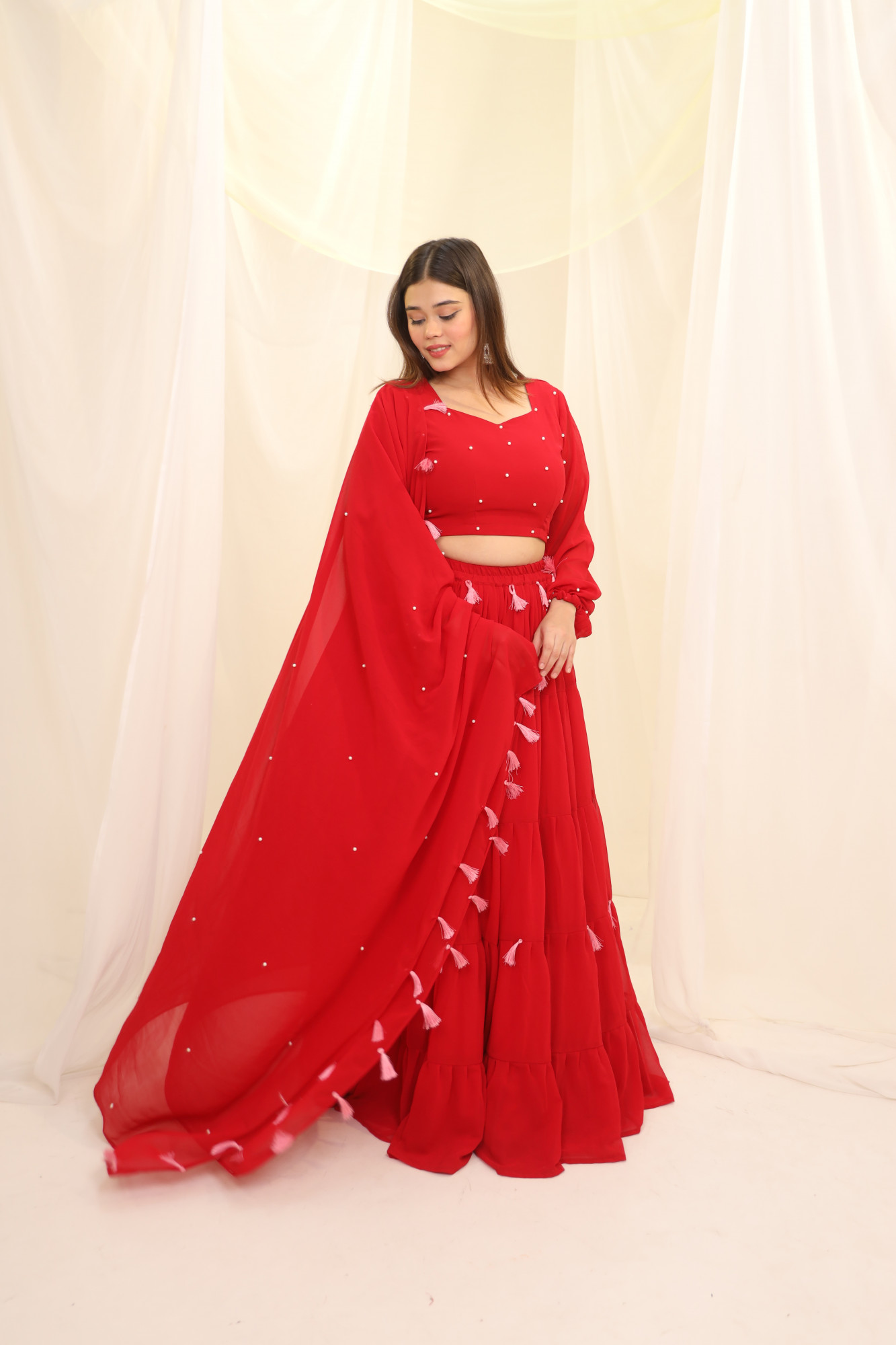 Red Tassels Details Georgette Lehenga Set