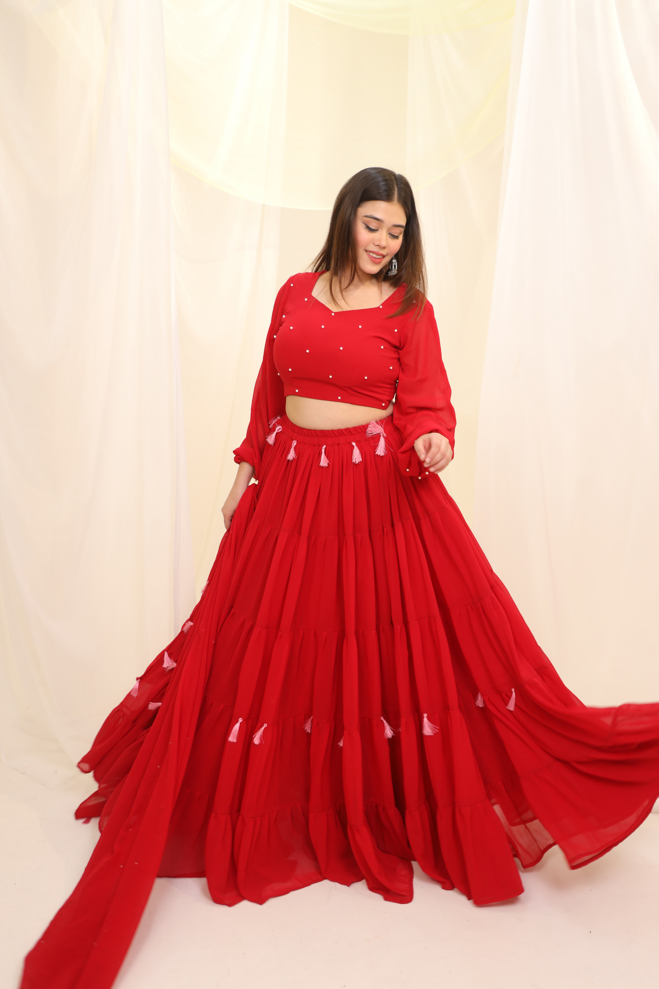 Red Tassels Details Georgette Lehenga Set