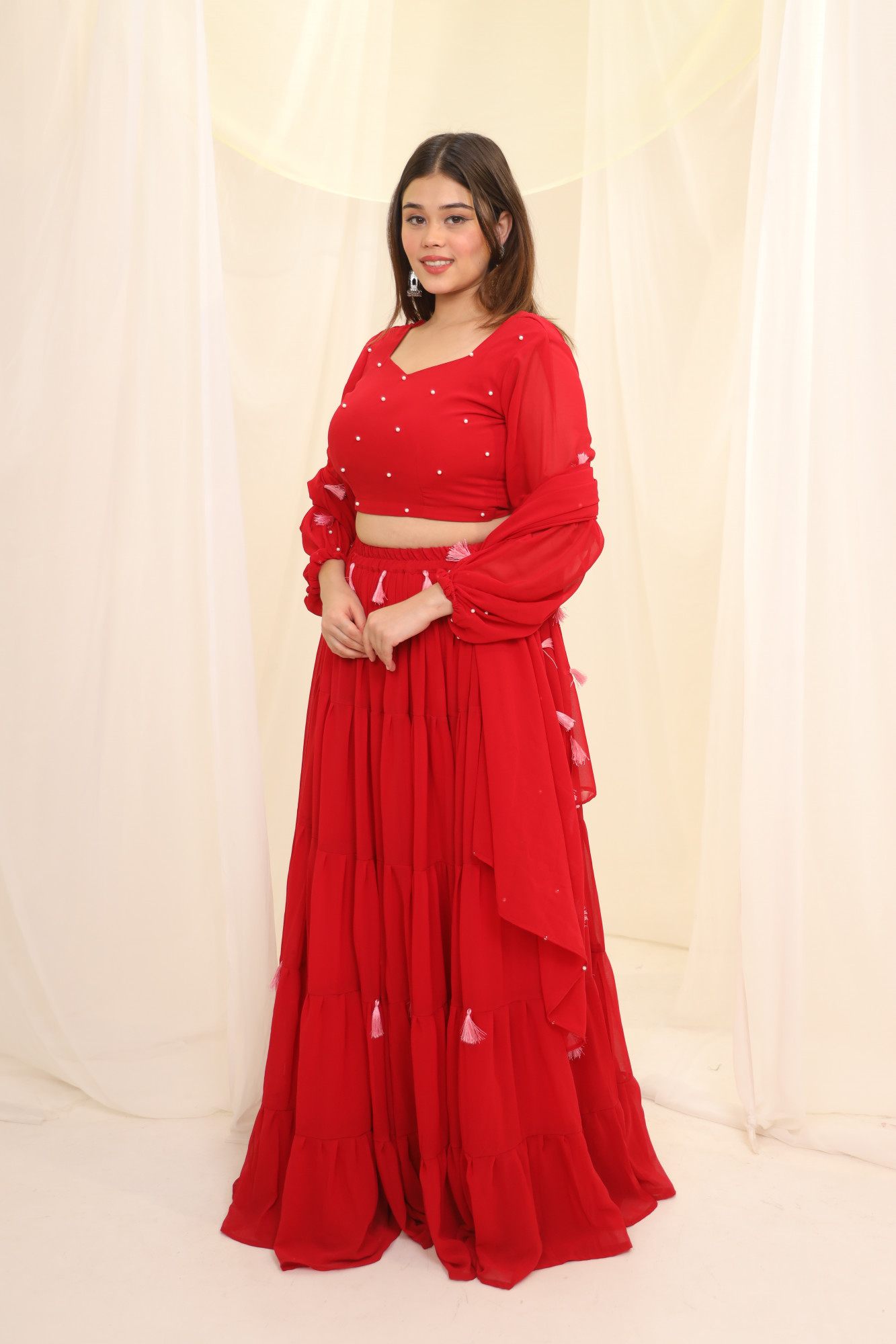 Red Tassels Details Georgette Lehenga Set