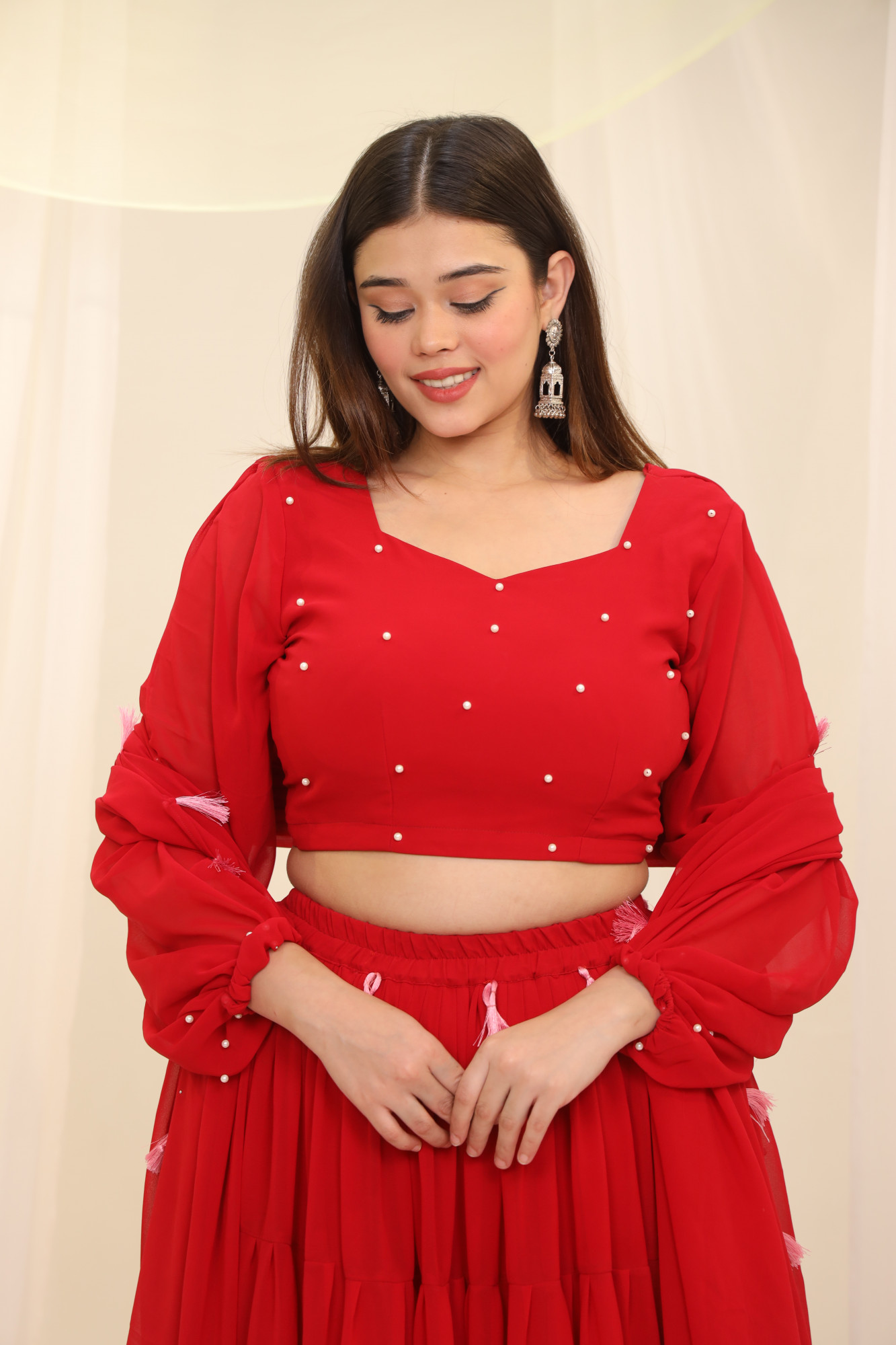 Red Tassels Details Georgette Lehenga Set