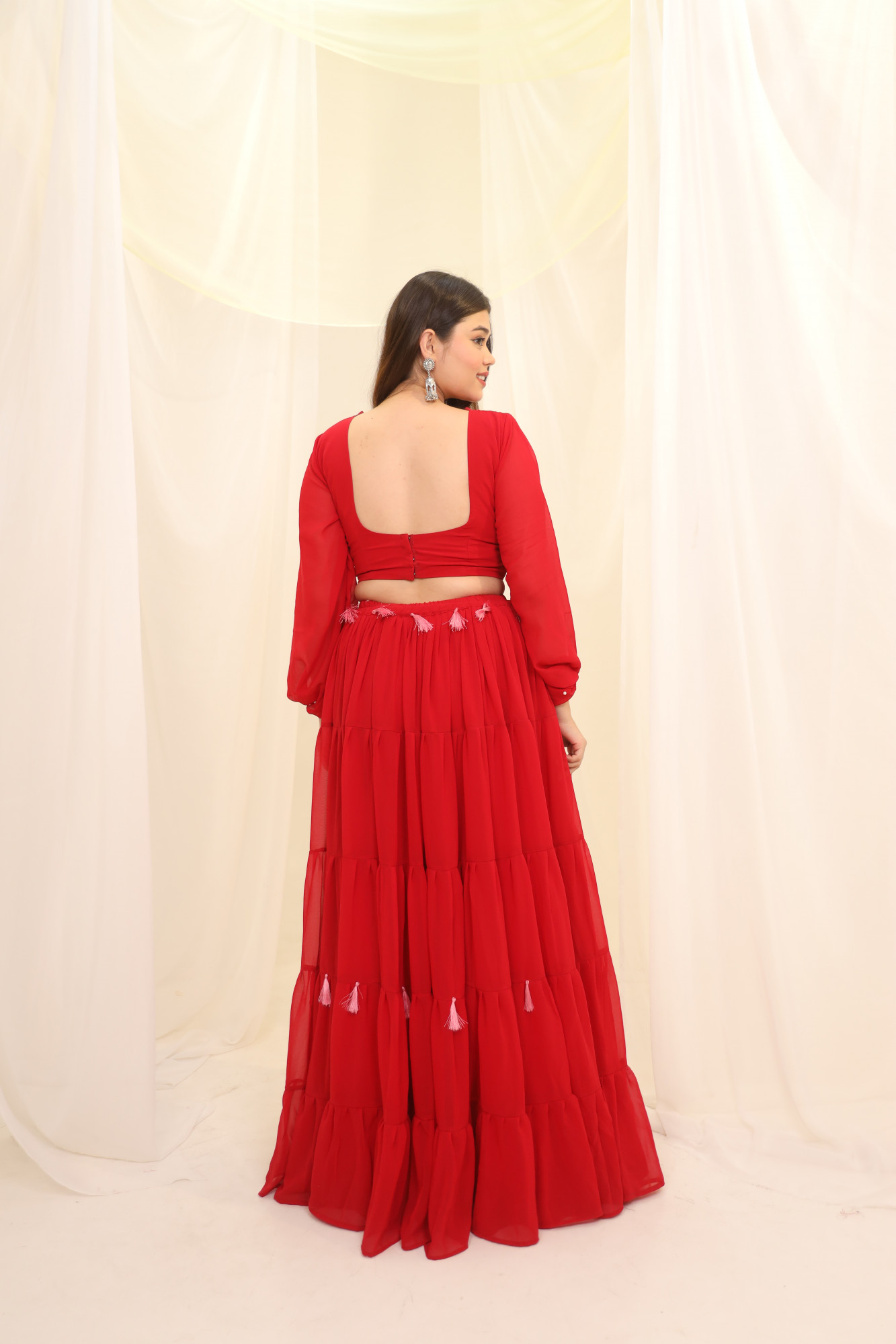 Red Tassels Details Georgette Lehenga Set