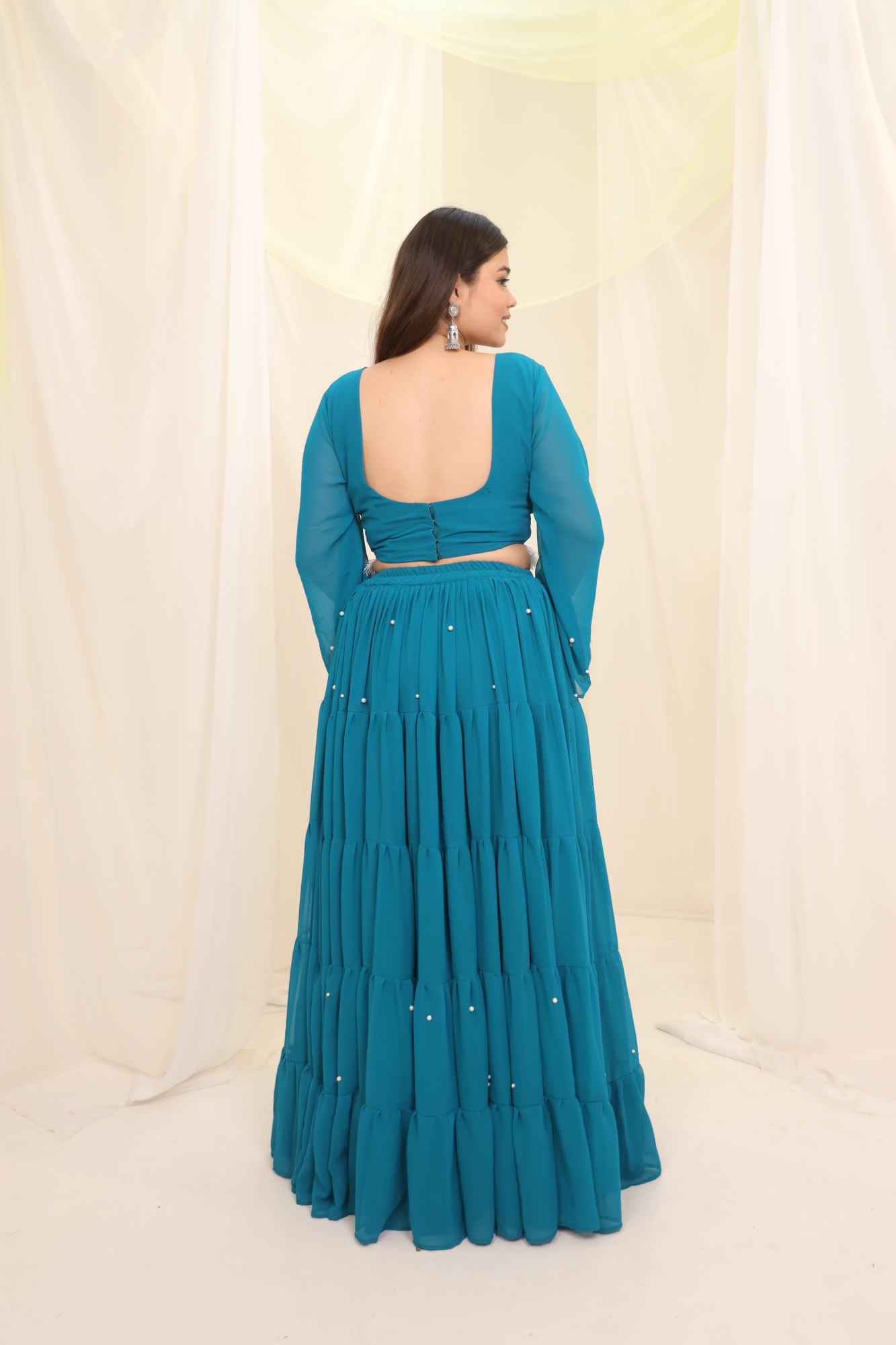 Sky Blue Tassels Details Georgette Lehenga Set