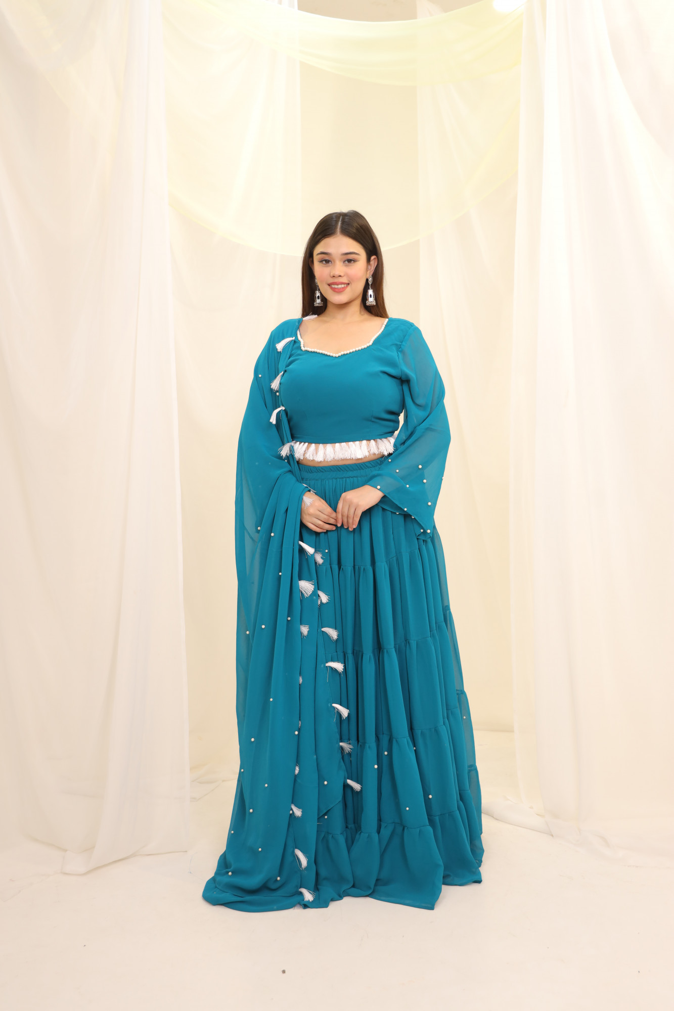 Sky Blue Tassels Details Georgette Lehenga Set
