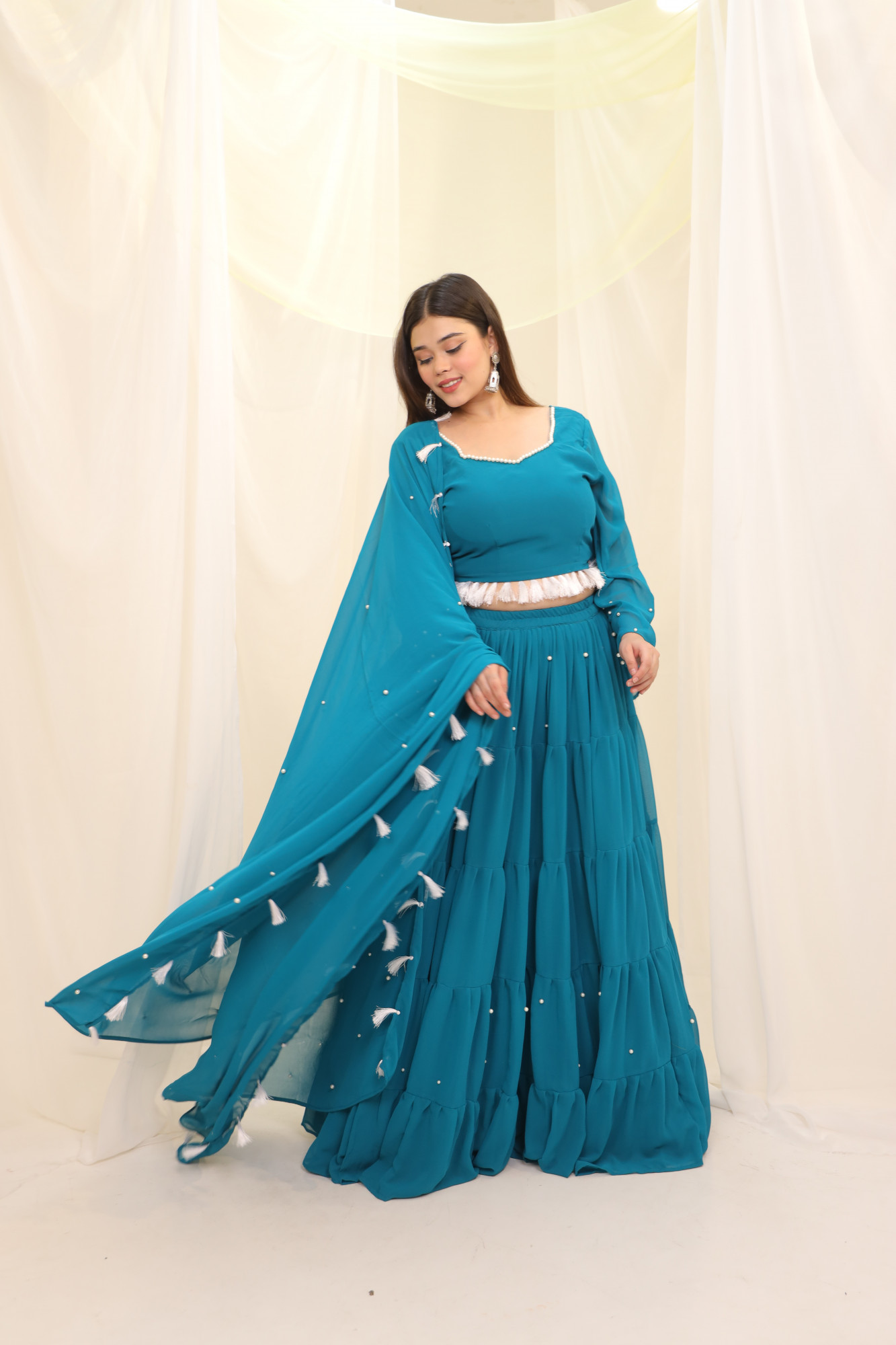 Sky Blue Tassels Details Georgette Lehenga Set