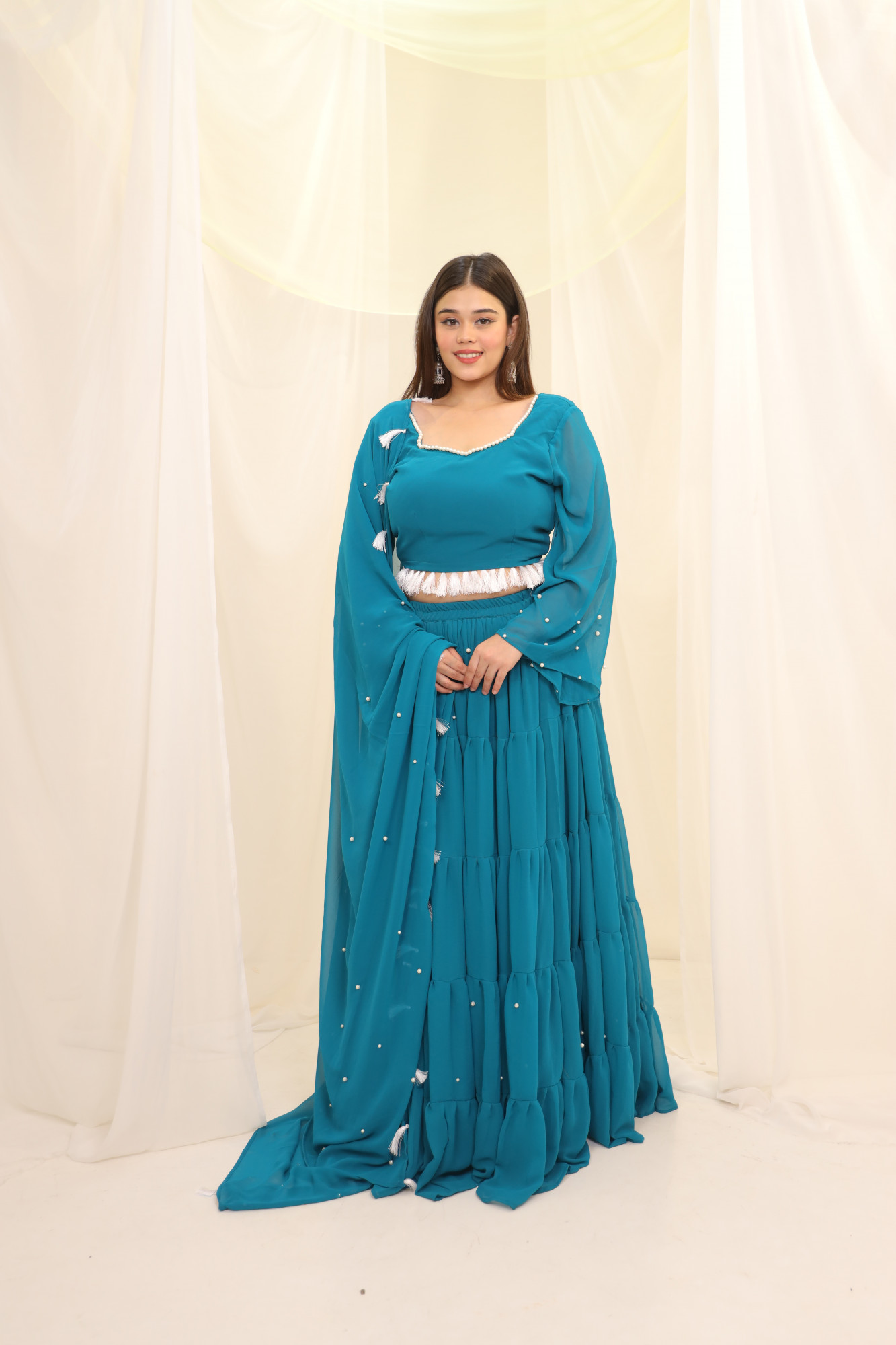 Sky Blue Tassels Details Georgette Lehenga Set