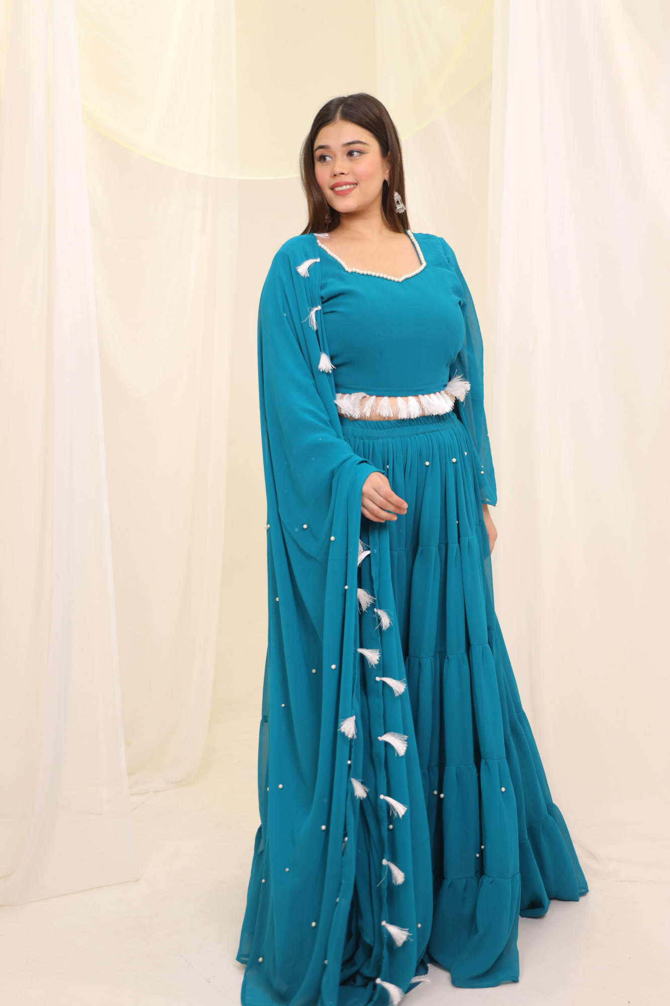 Sky Blue Tassels Details Georgette Lehenga Set