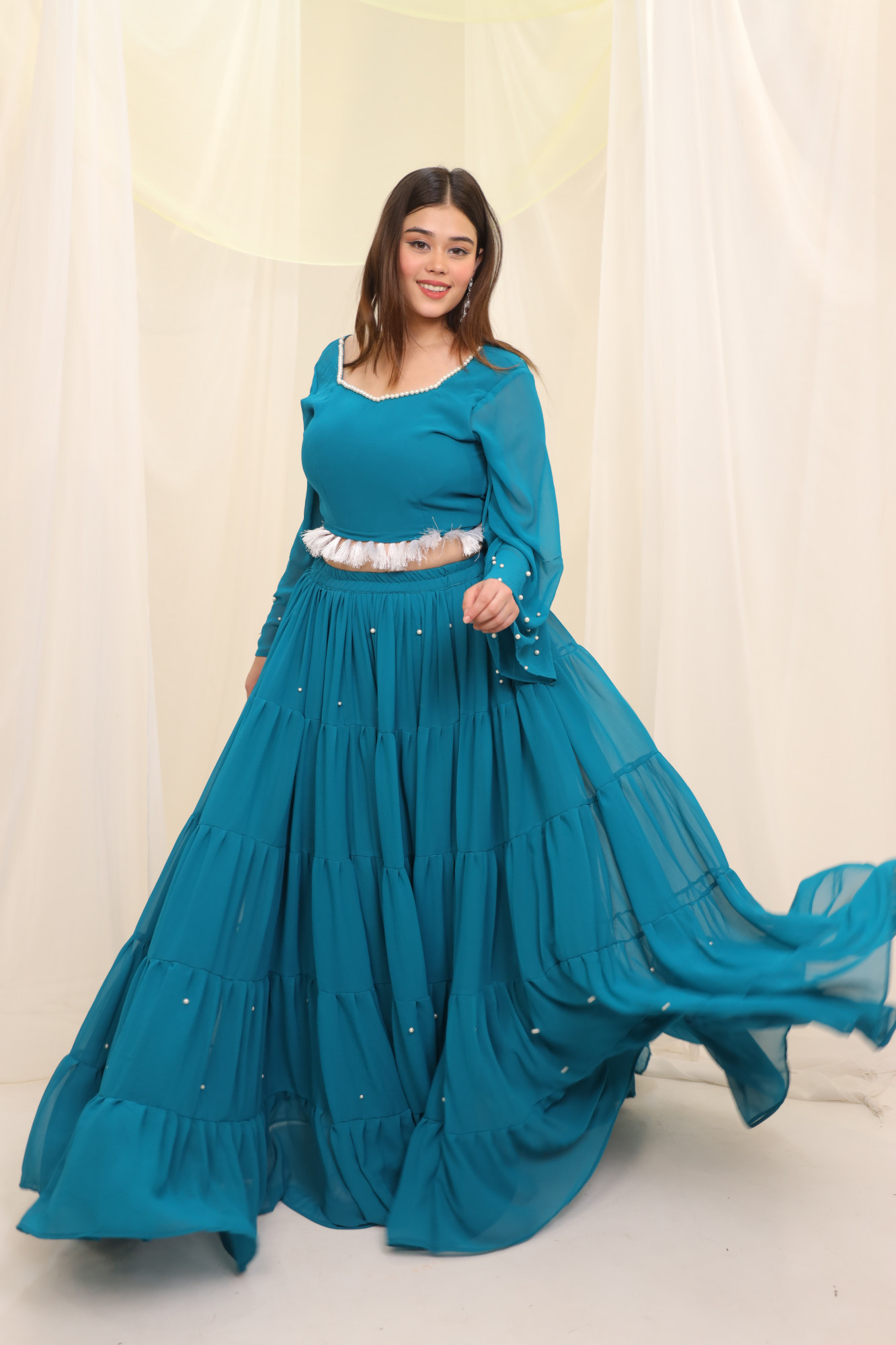 Sky Blue Tassels Details Georgette Lehenga Set