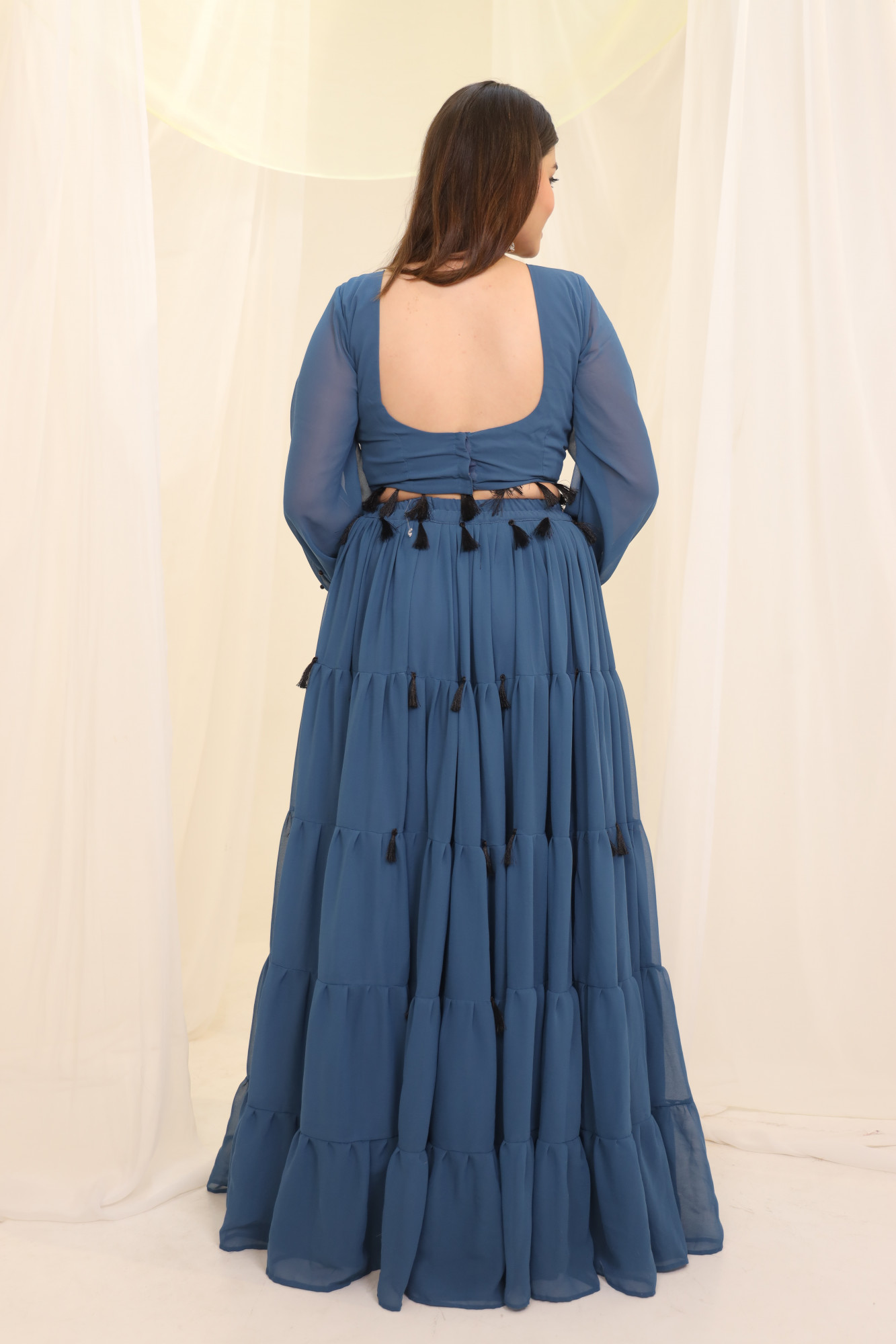 Blueish Grey Tassels Details Georgette Lehenga Set