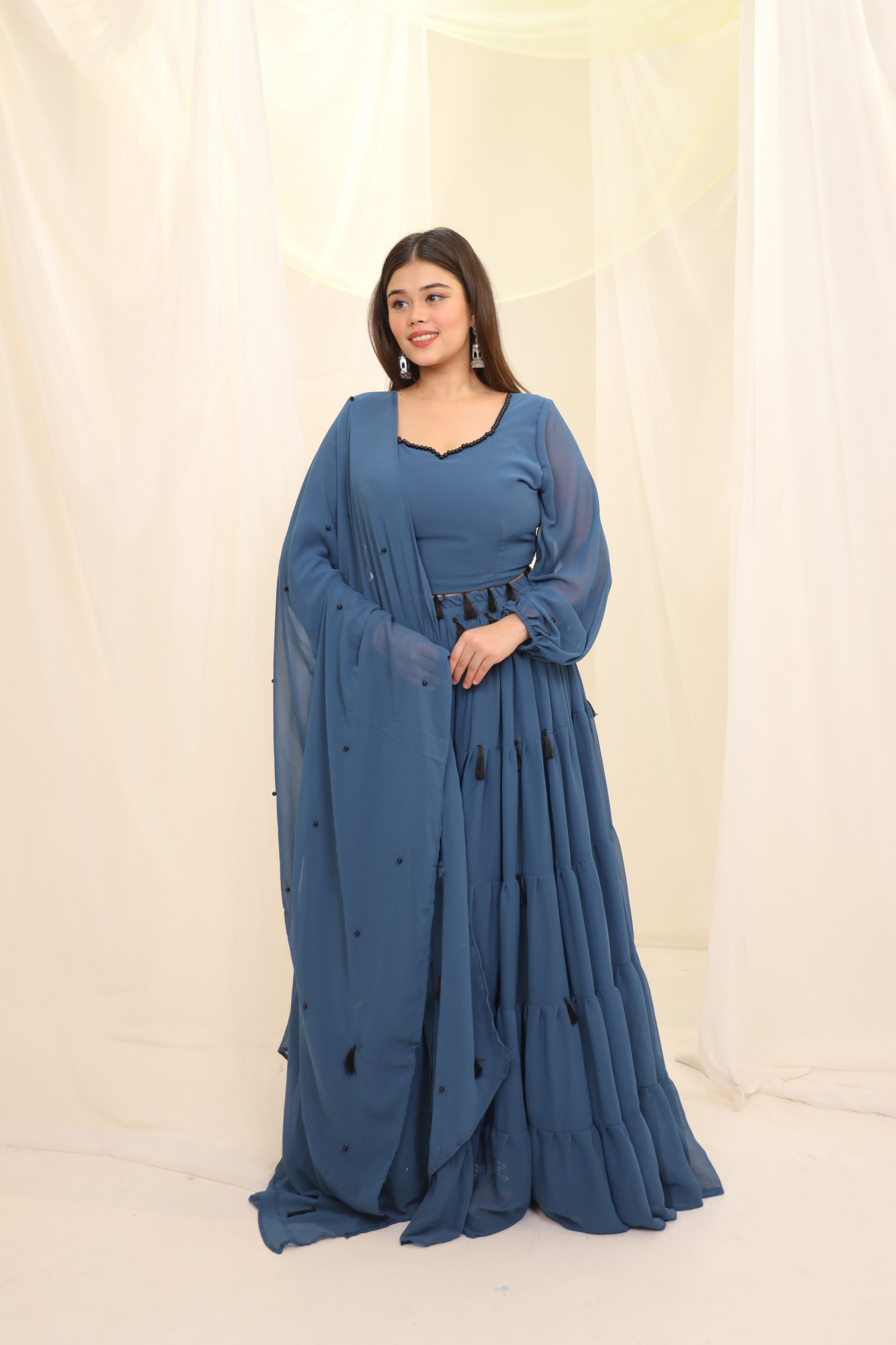 Blueish Grey Tassels Details Georgette Lehenga Set
