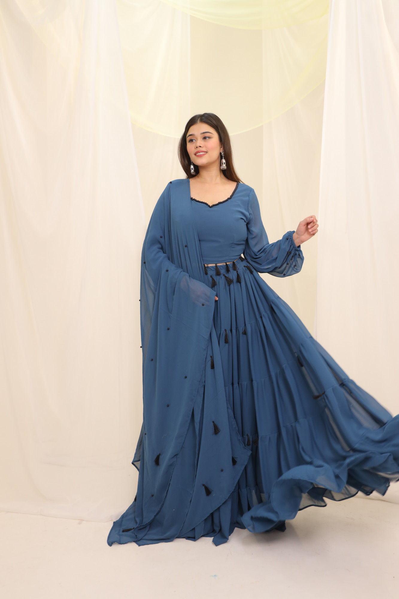 Blueish Grey Tassels Details Georgette Lehenga Set