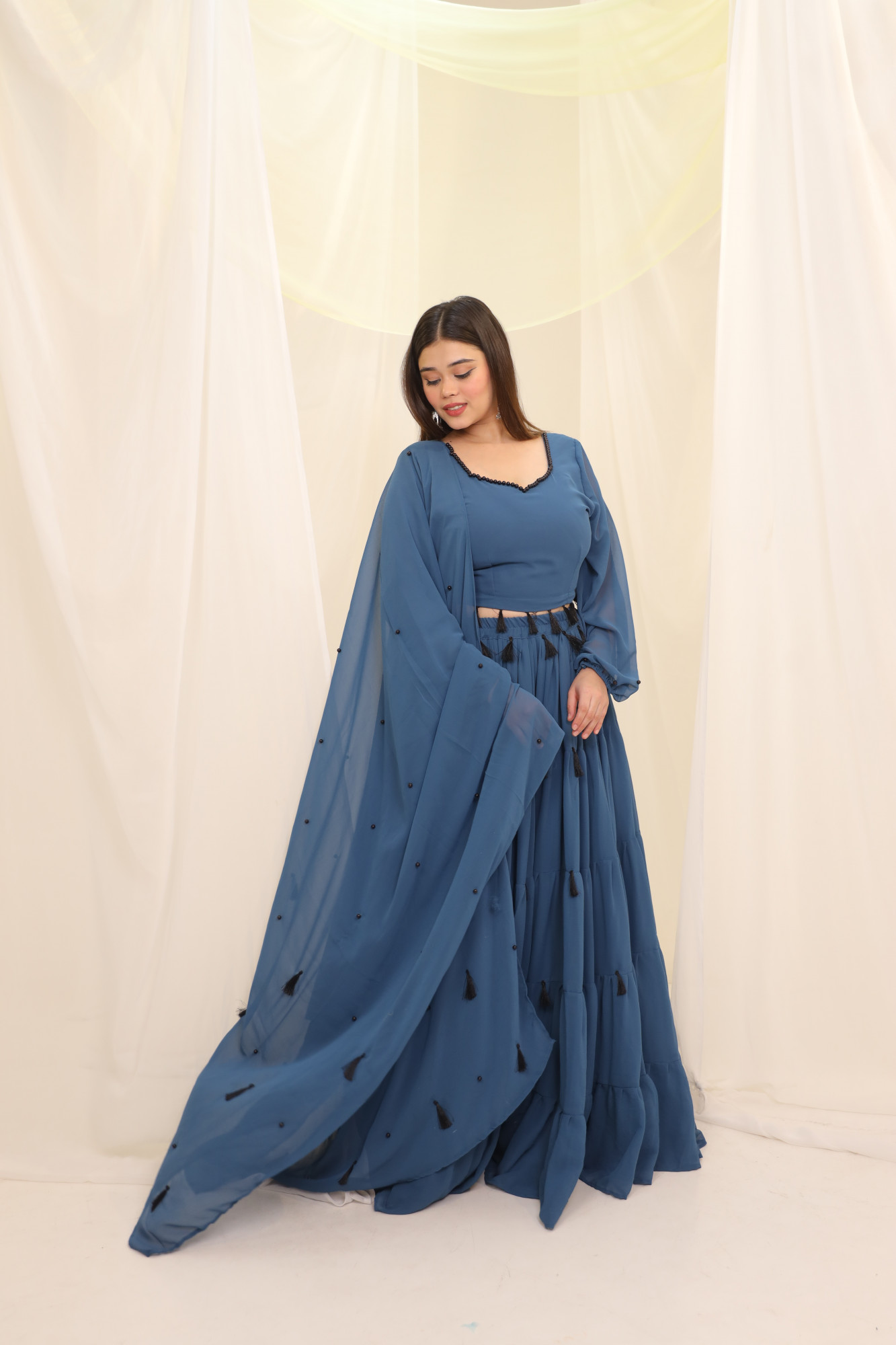 Blueish Grey Tassels Details Georgette Lehenga Set