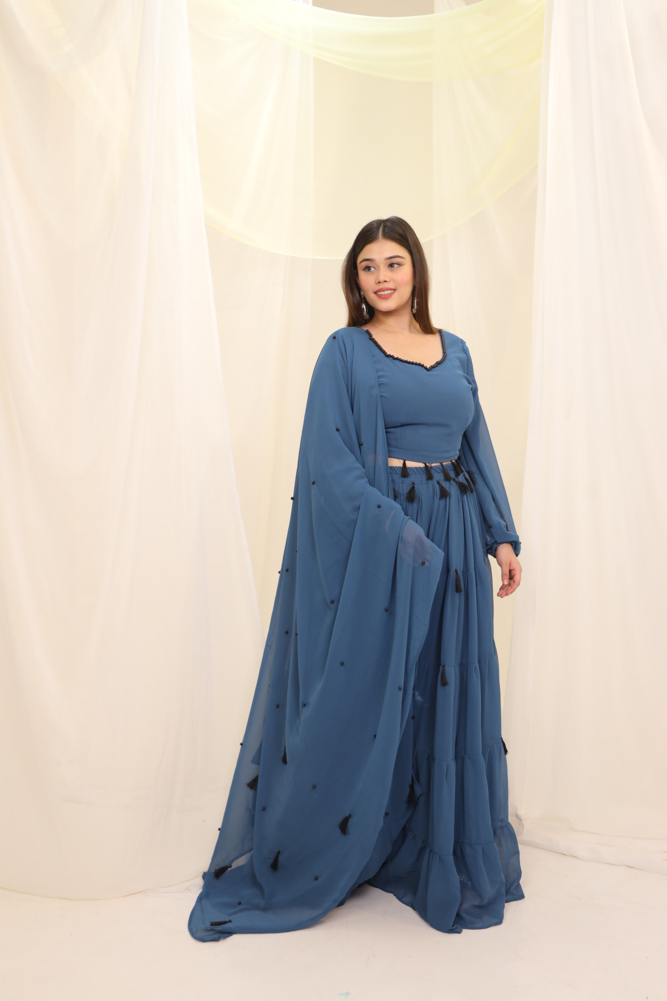 Blueish Grey Tassels Details Georgette Lehenga Set