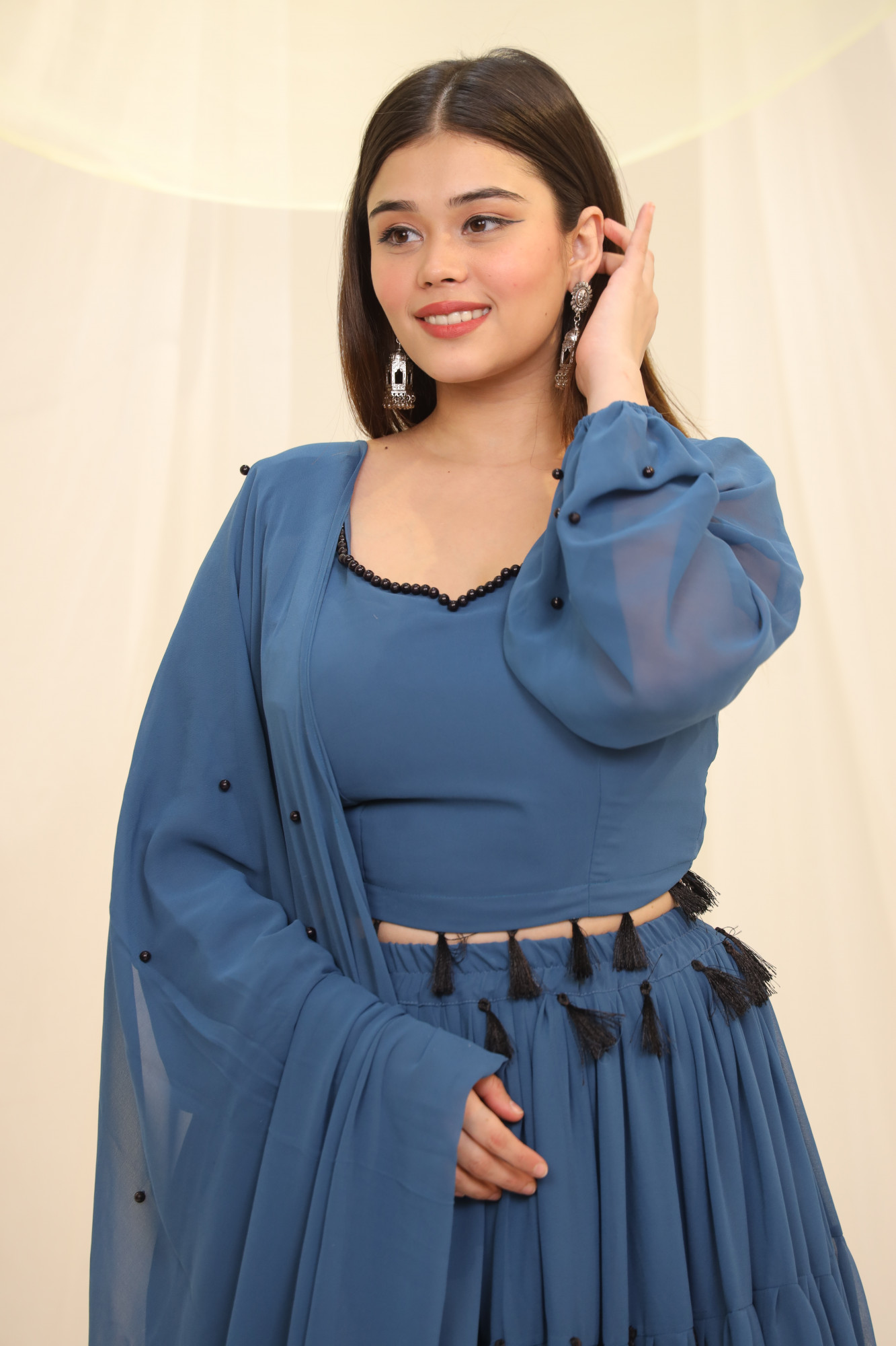 Blueish Grey Tassels Details Georgette Lehenga Set