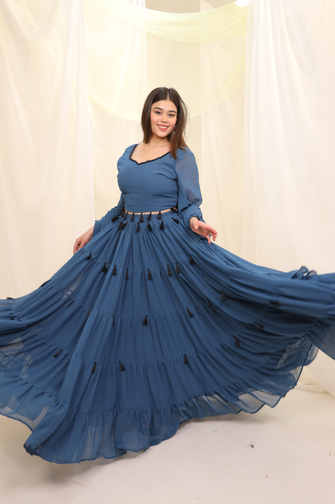 Blueish Grey Tassels Details Georgette Lehenga Set