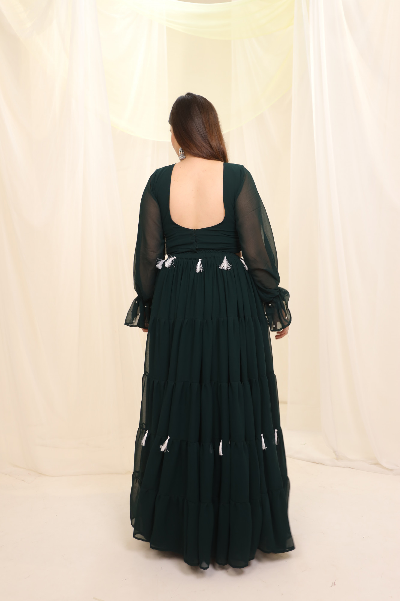 Green Tassels Details Georgette Lehenga Set