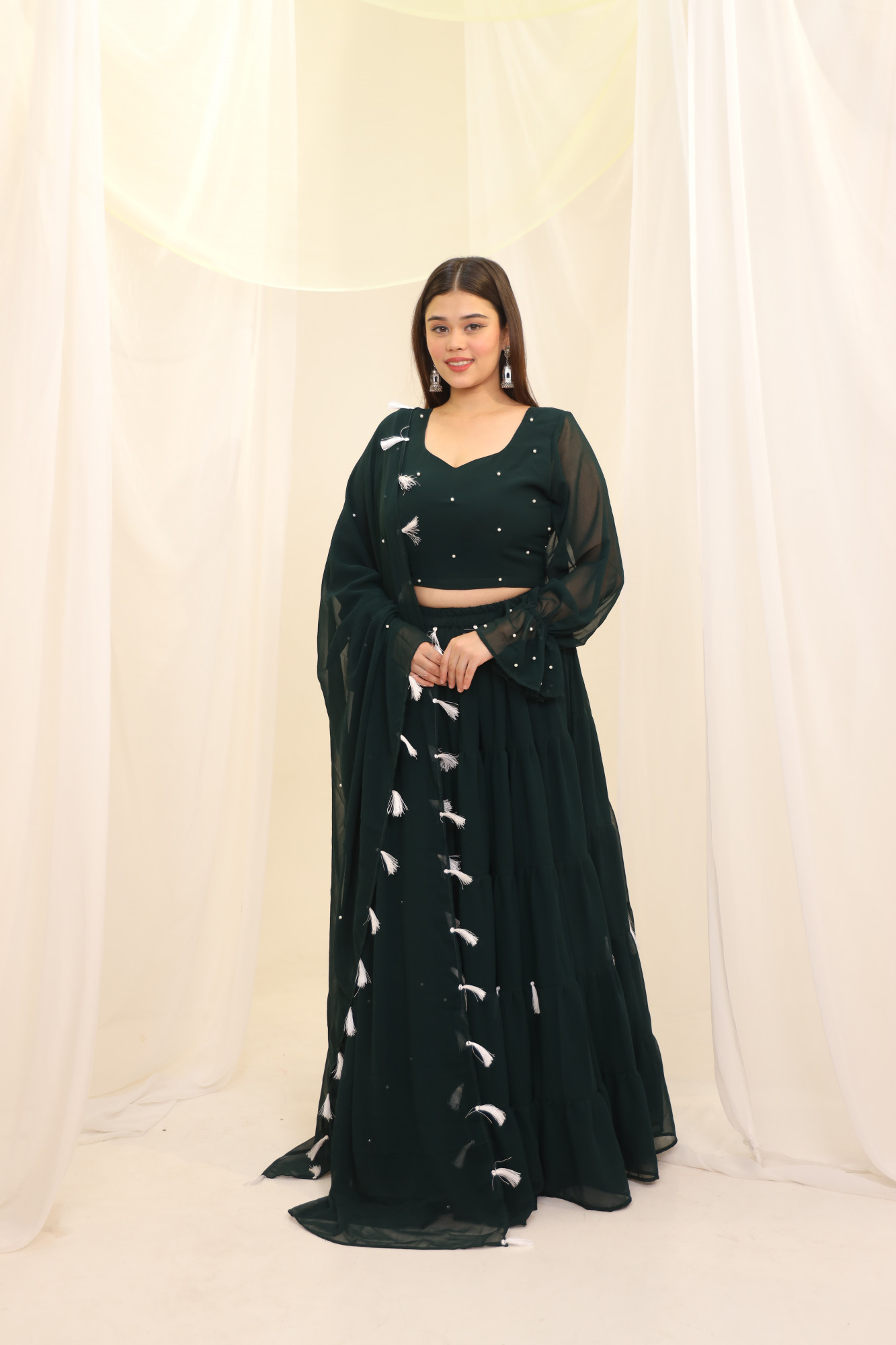 Green Tassels Details Georgette Lehenga Set
