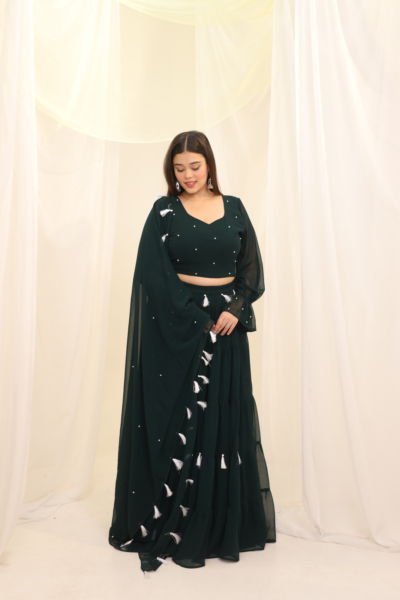 Green Tassels Details Georgette Lehenga Set