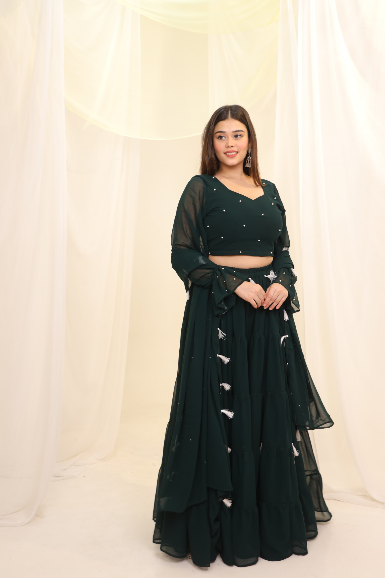 Green Tassels Details Georgette Lehenga Set