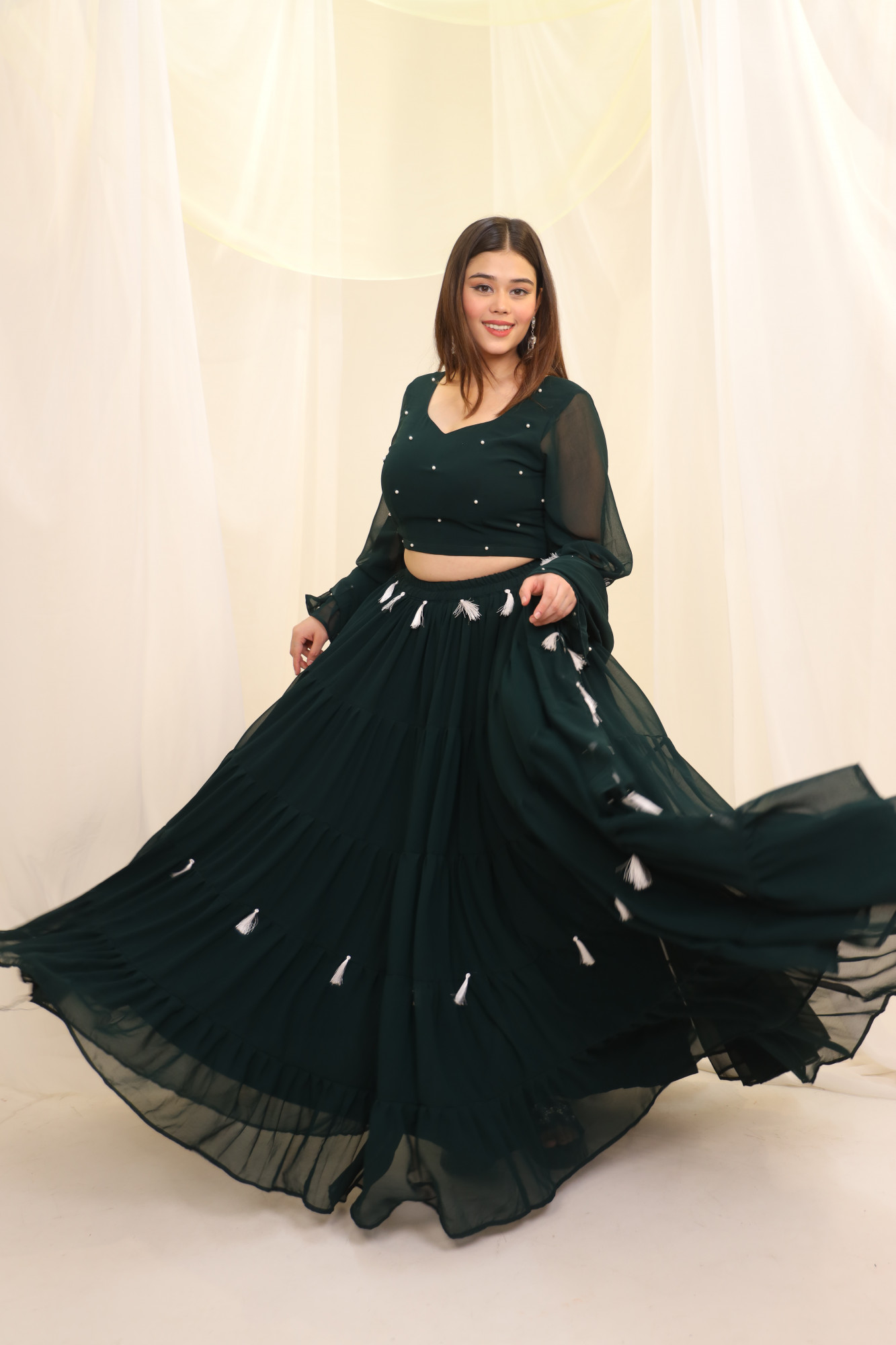 Green Tassels Details Georgette Lehenga Set