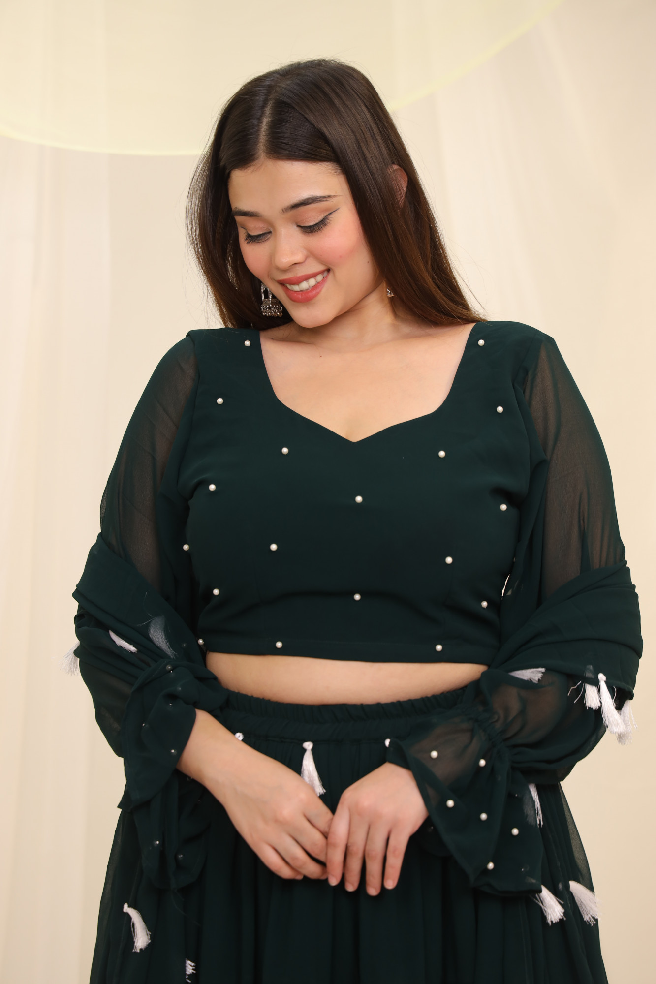 Green Tassels Details Georgette Lehenga Set