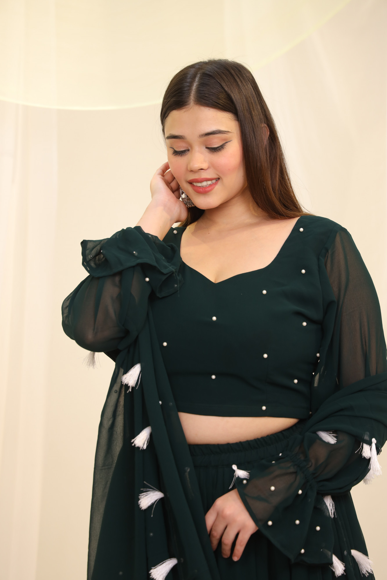 Green Tassels Details Georgette Lehenga Set