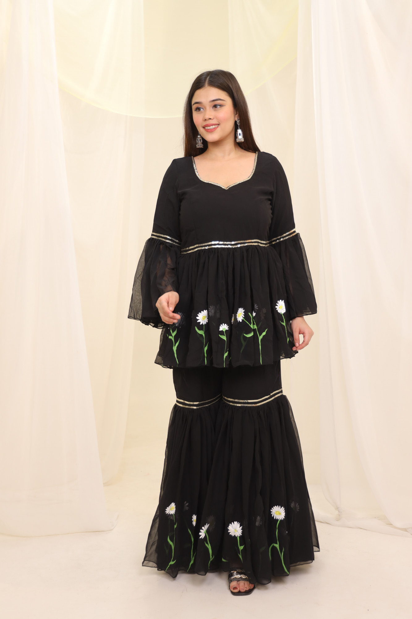 Black Sunflower Hand Painted Sharara Set