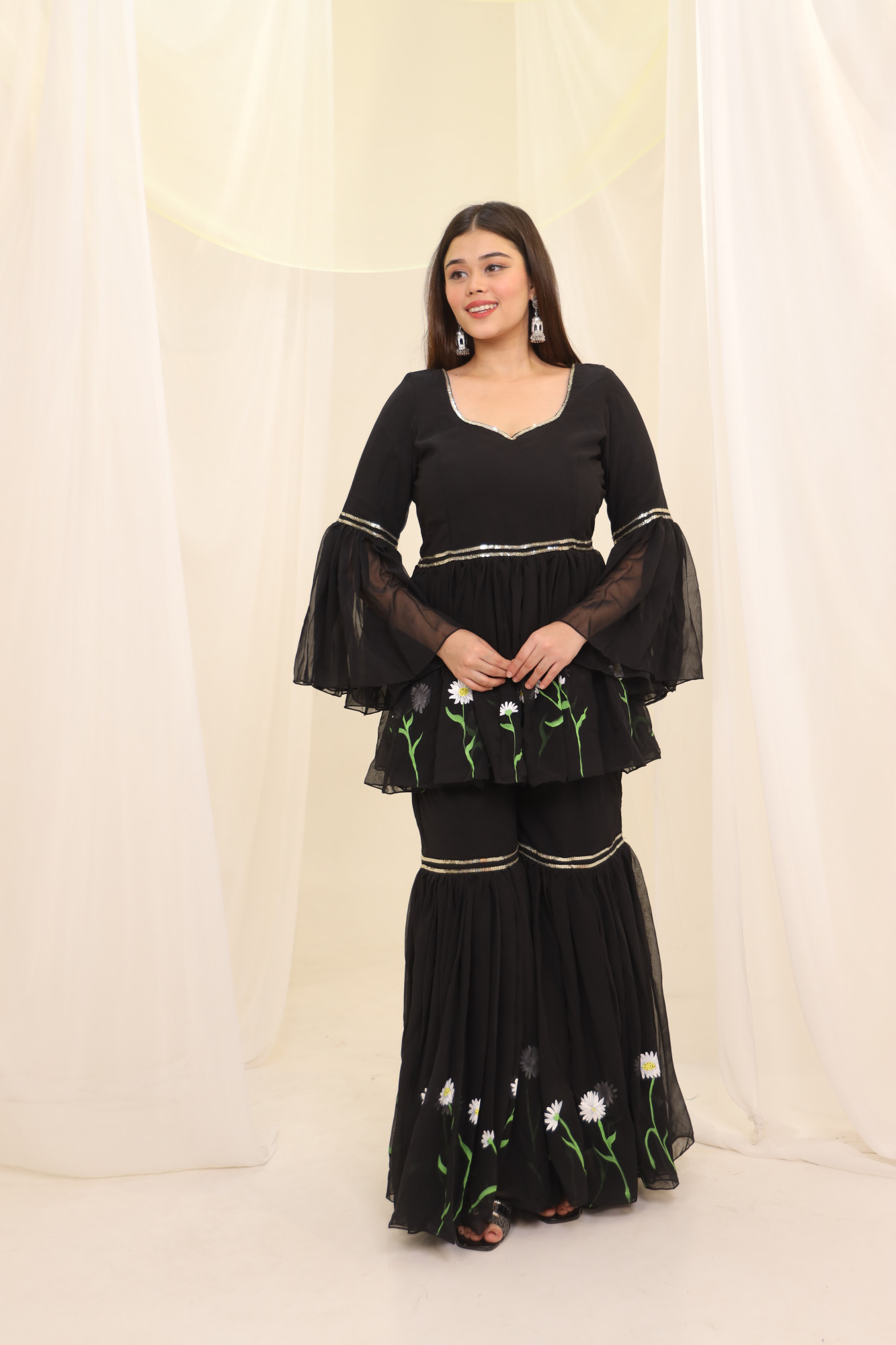 Black Sunflower Hand Painted Sharara Set