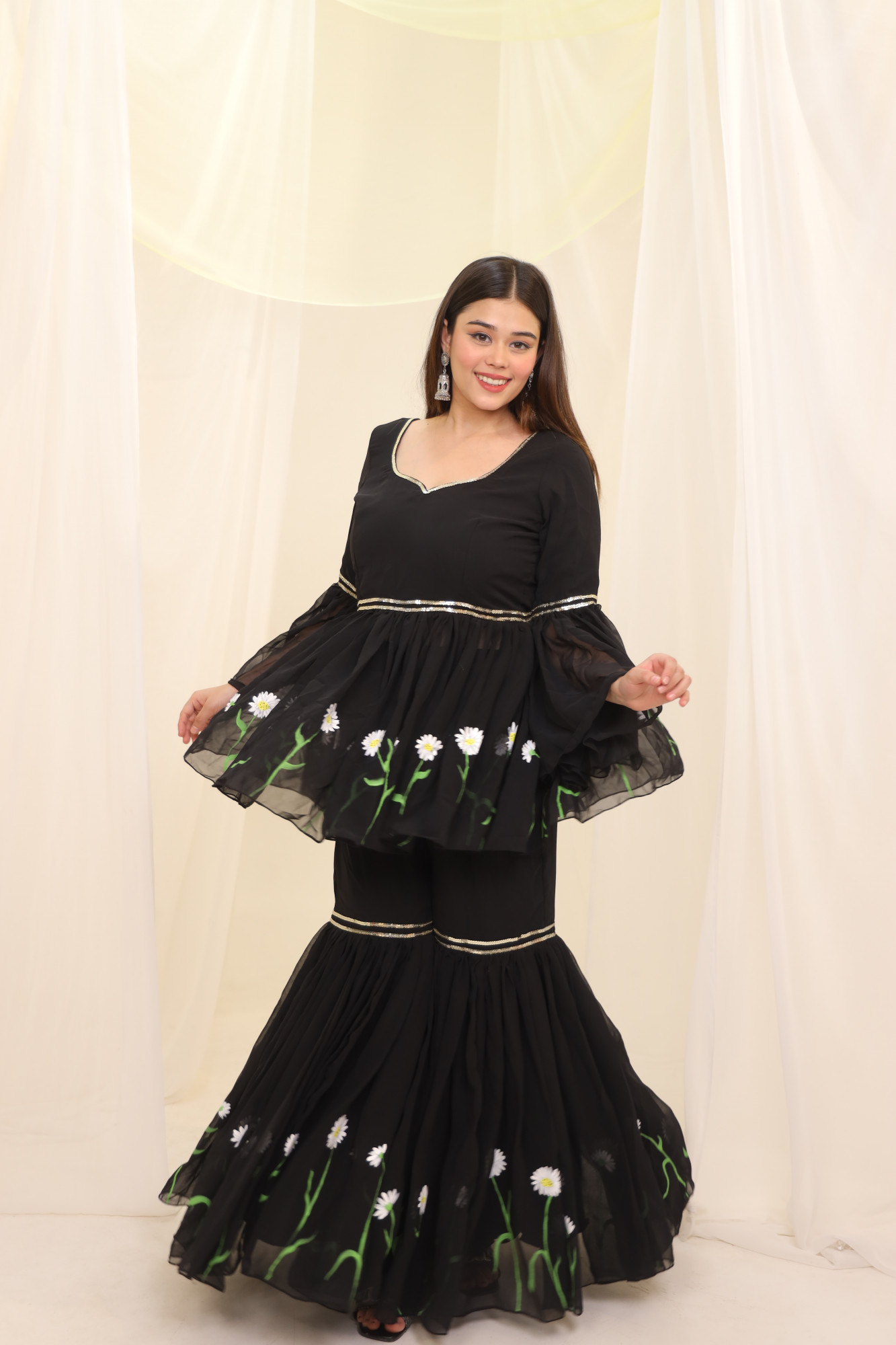 Black Sunflower Hand Painted Sharara Set