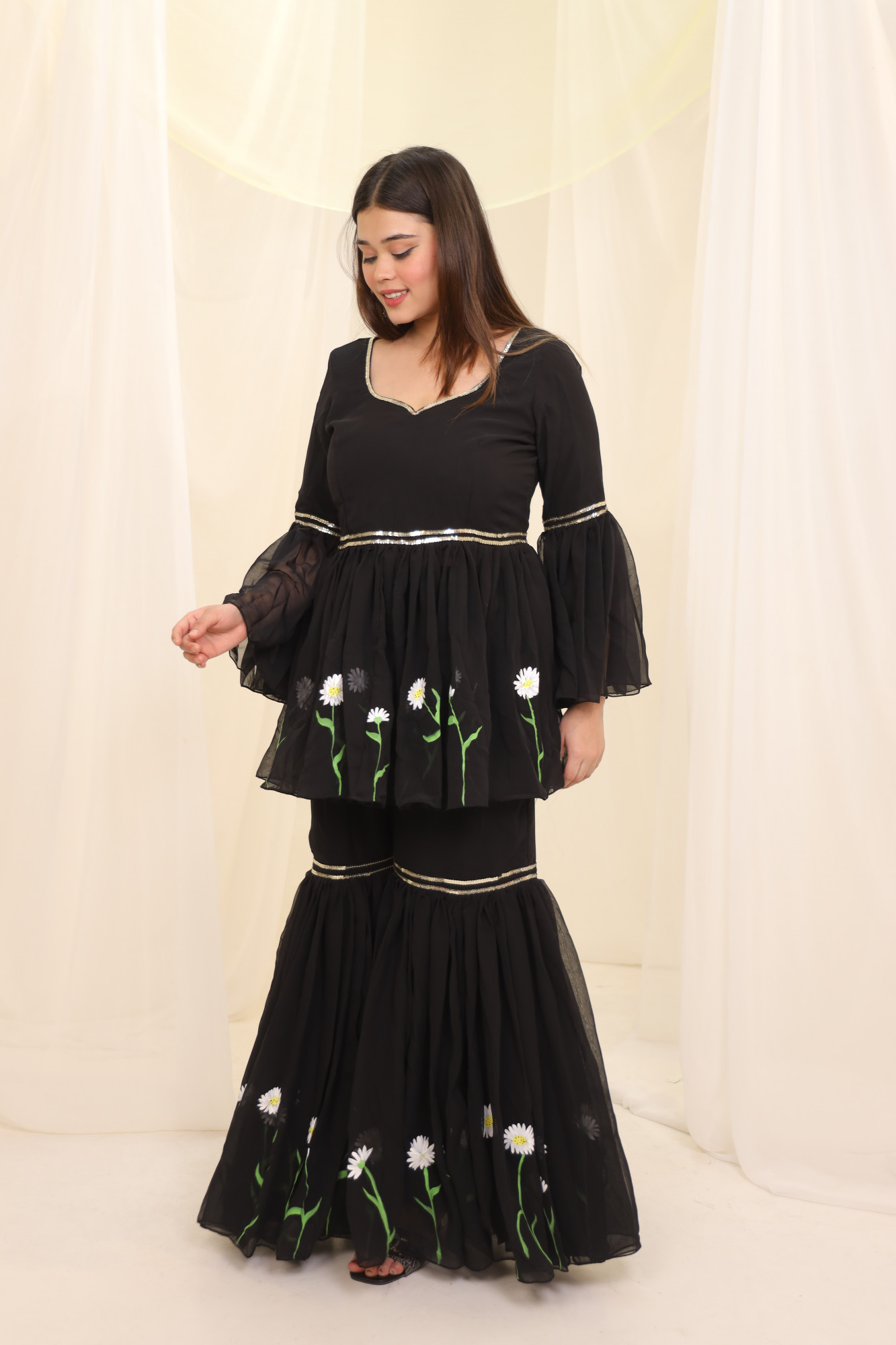 Black Sunflower Hand Painted Sharara Set
