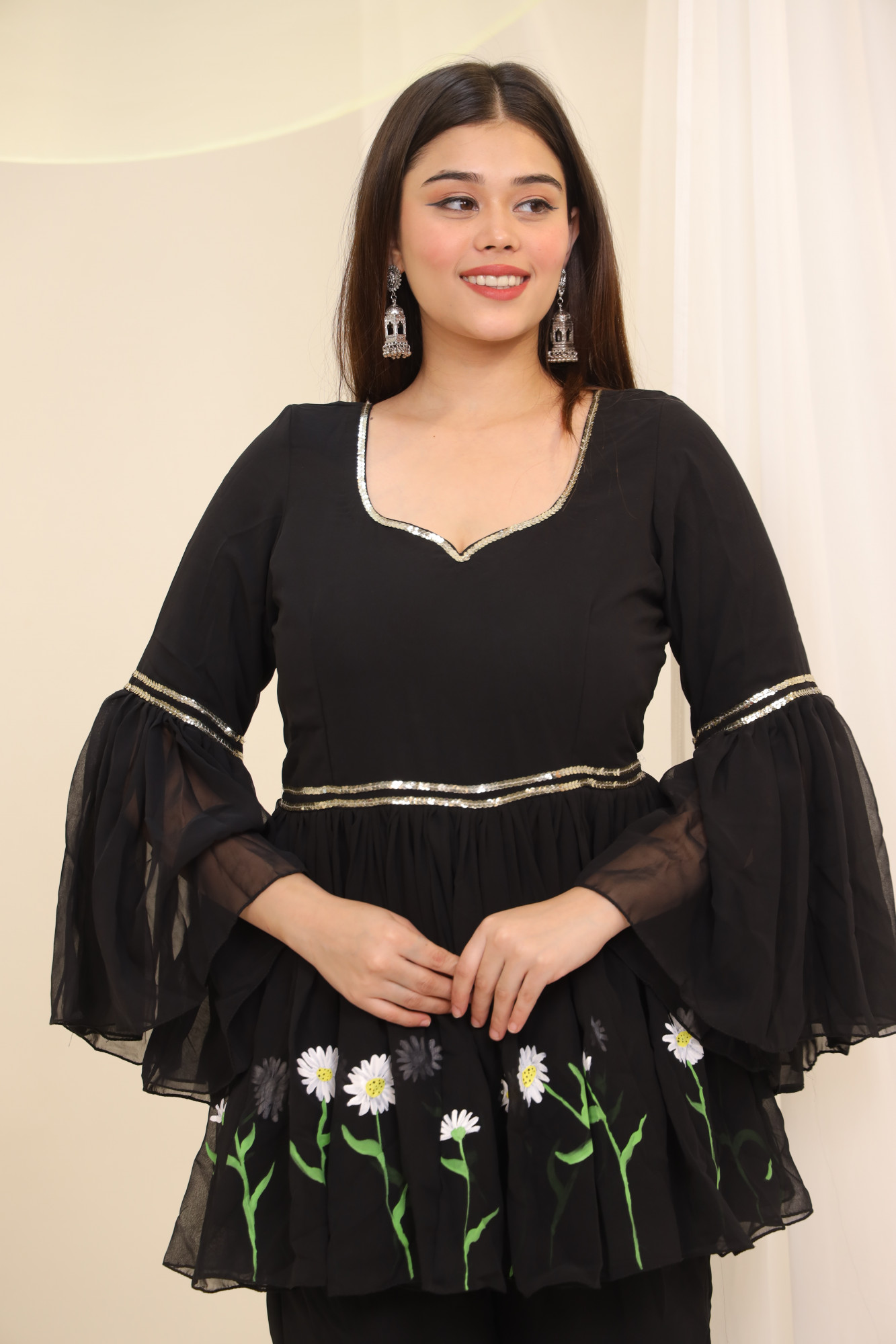 Black Sunflower Hand Painted Sharara Set