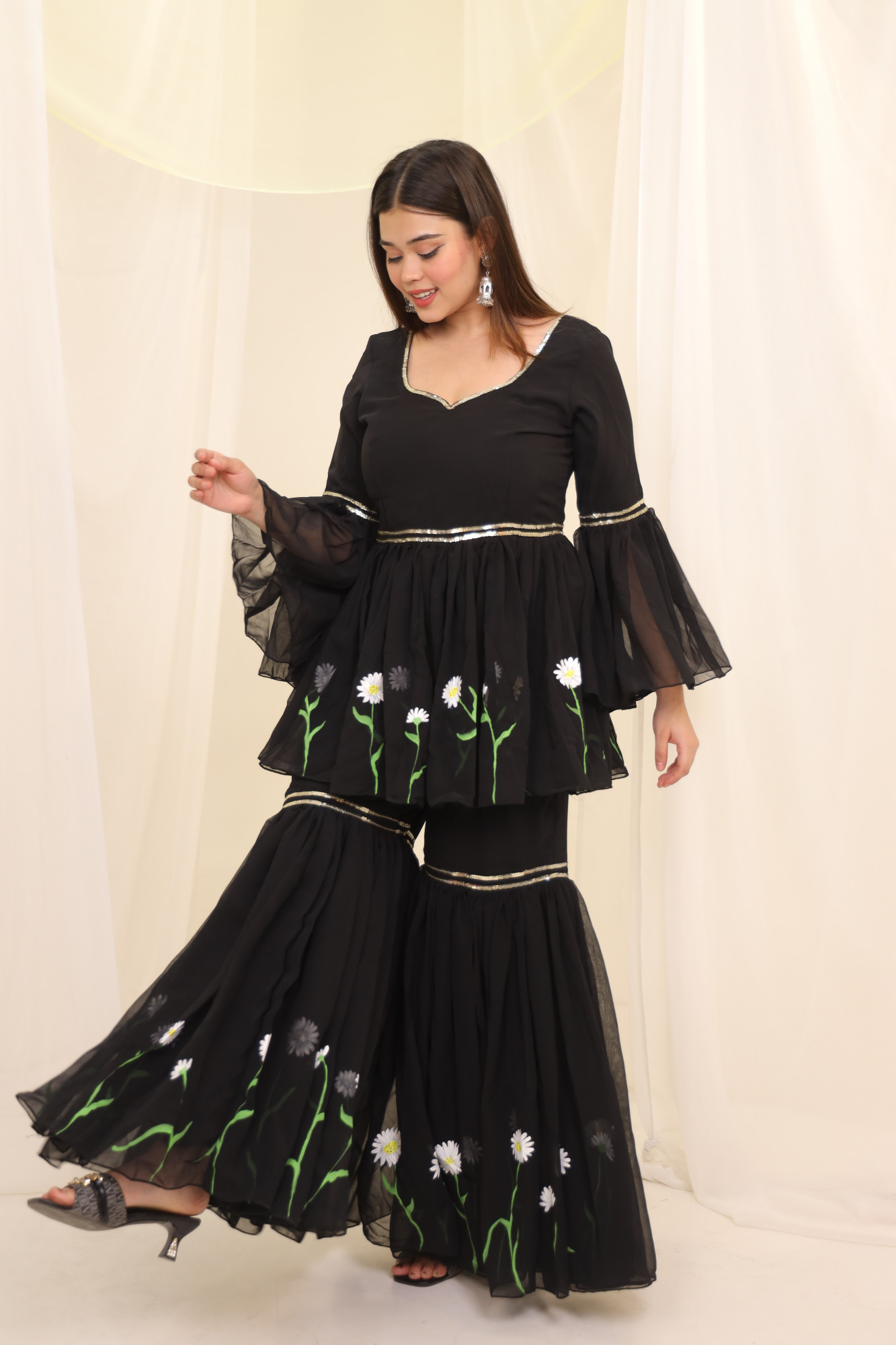 Black Sunflower Hand Painted Sharara Set
