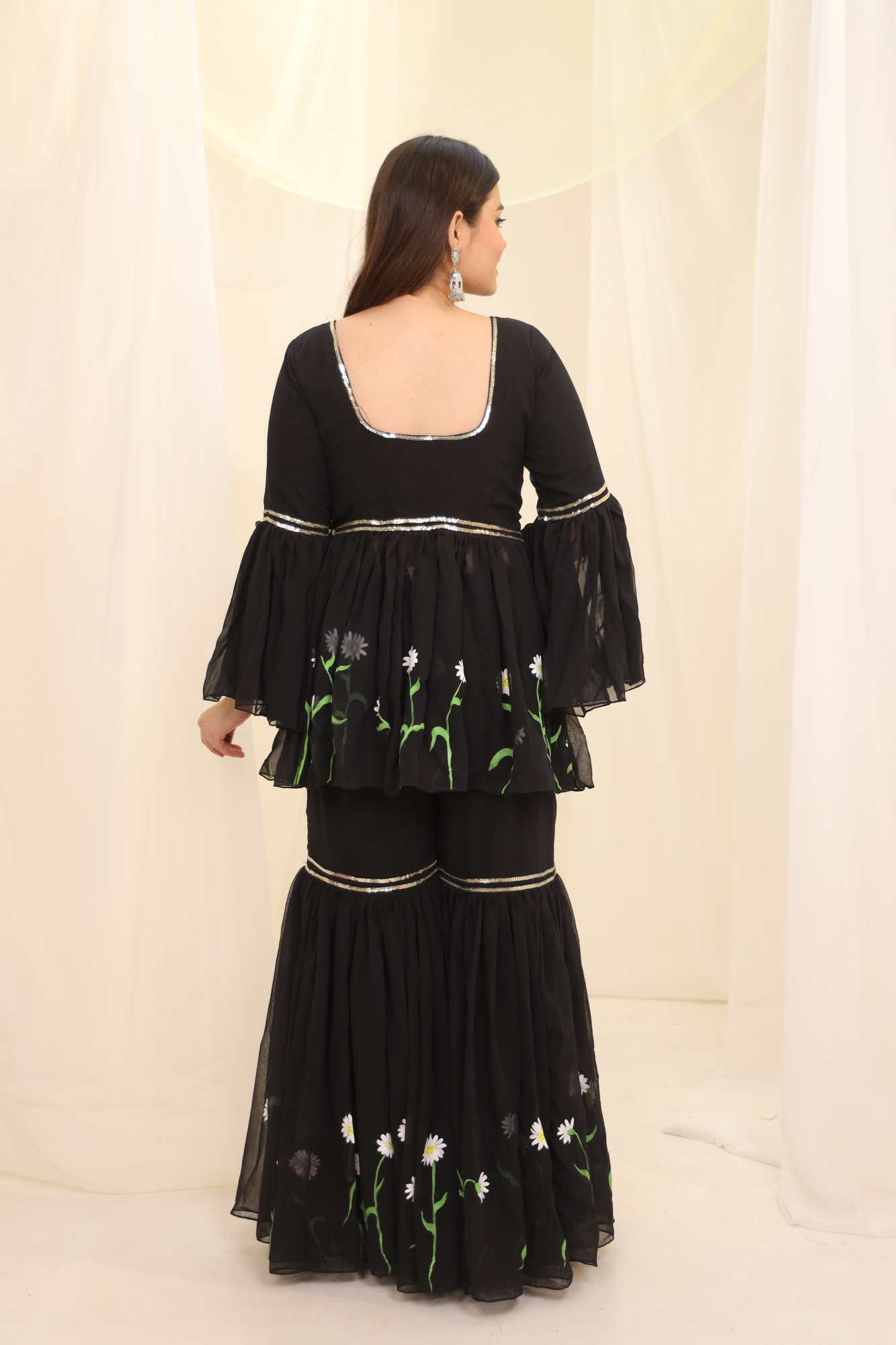 Black Sunflower Hand Painted Sharara Set