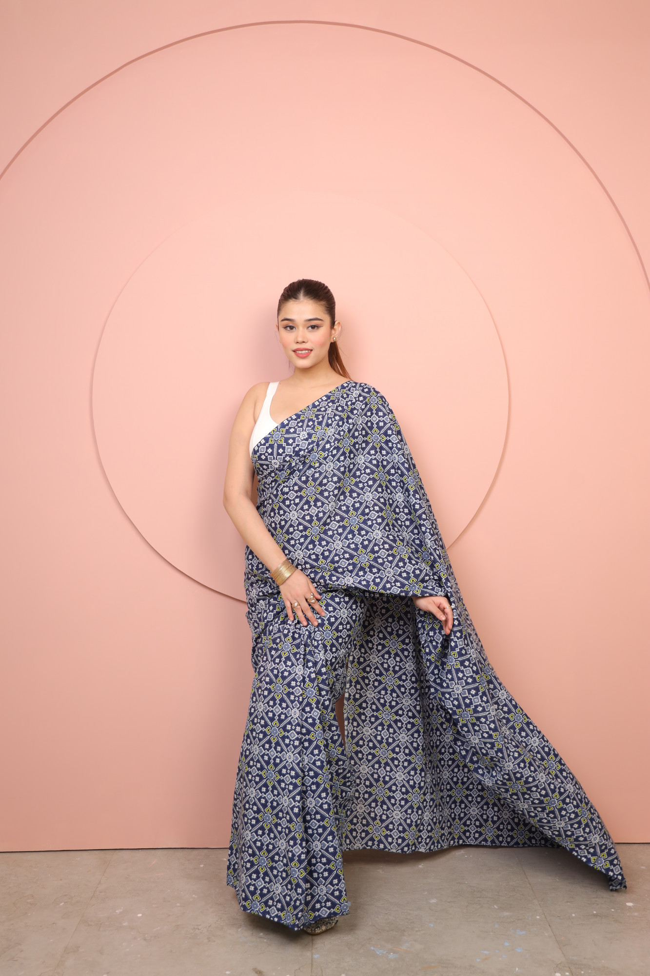 Blue and white floral Cotton saree