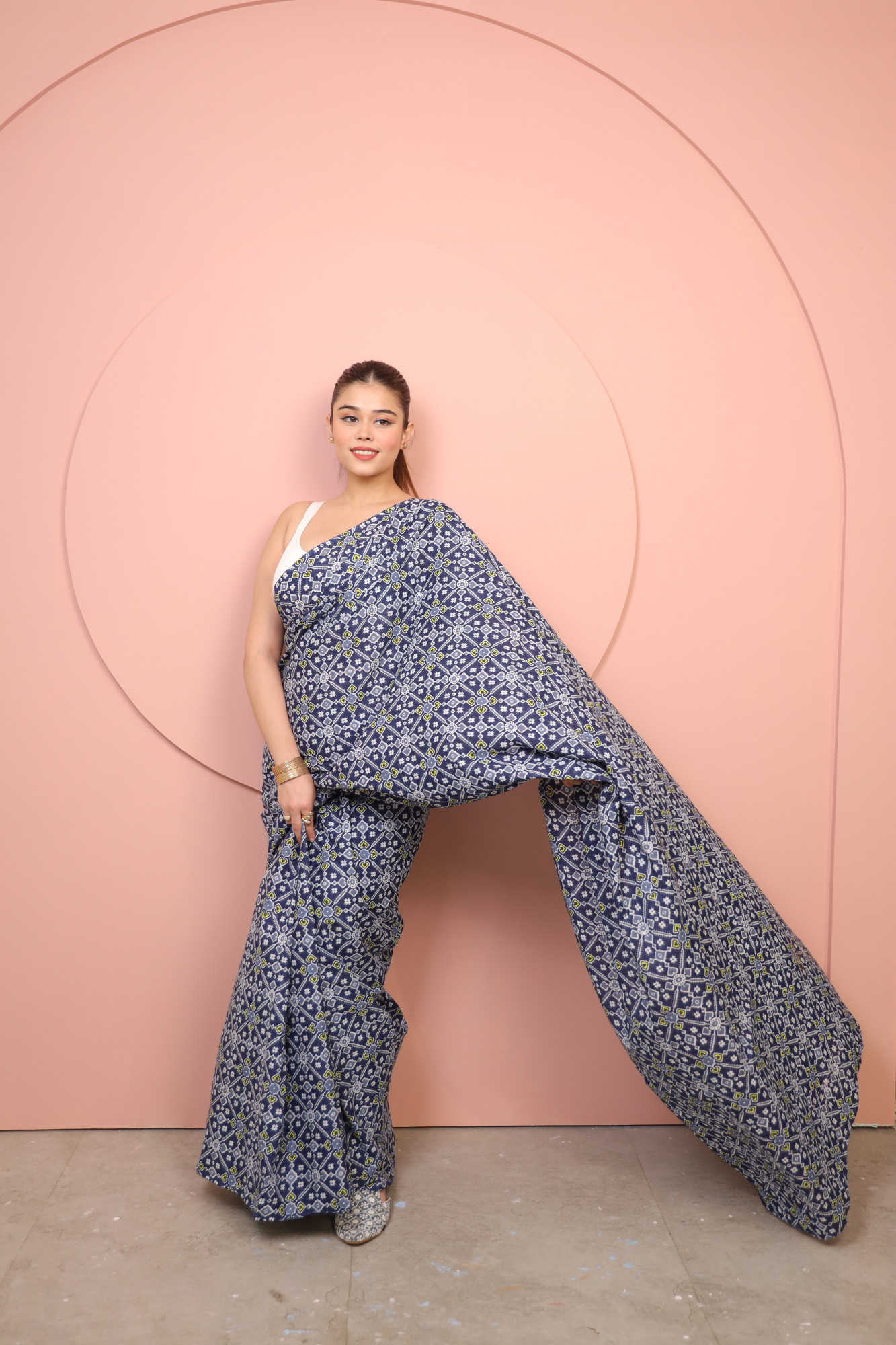 Blue and white floral Cotton saree