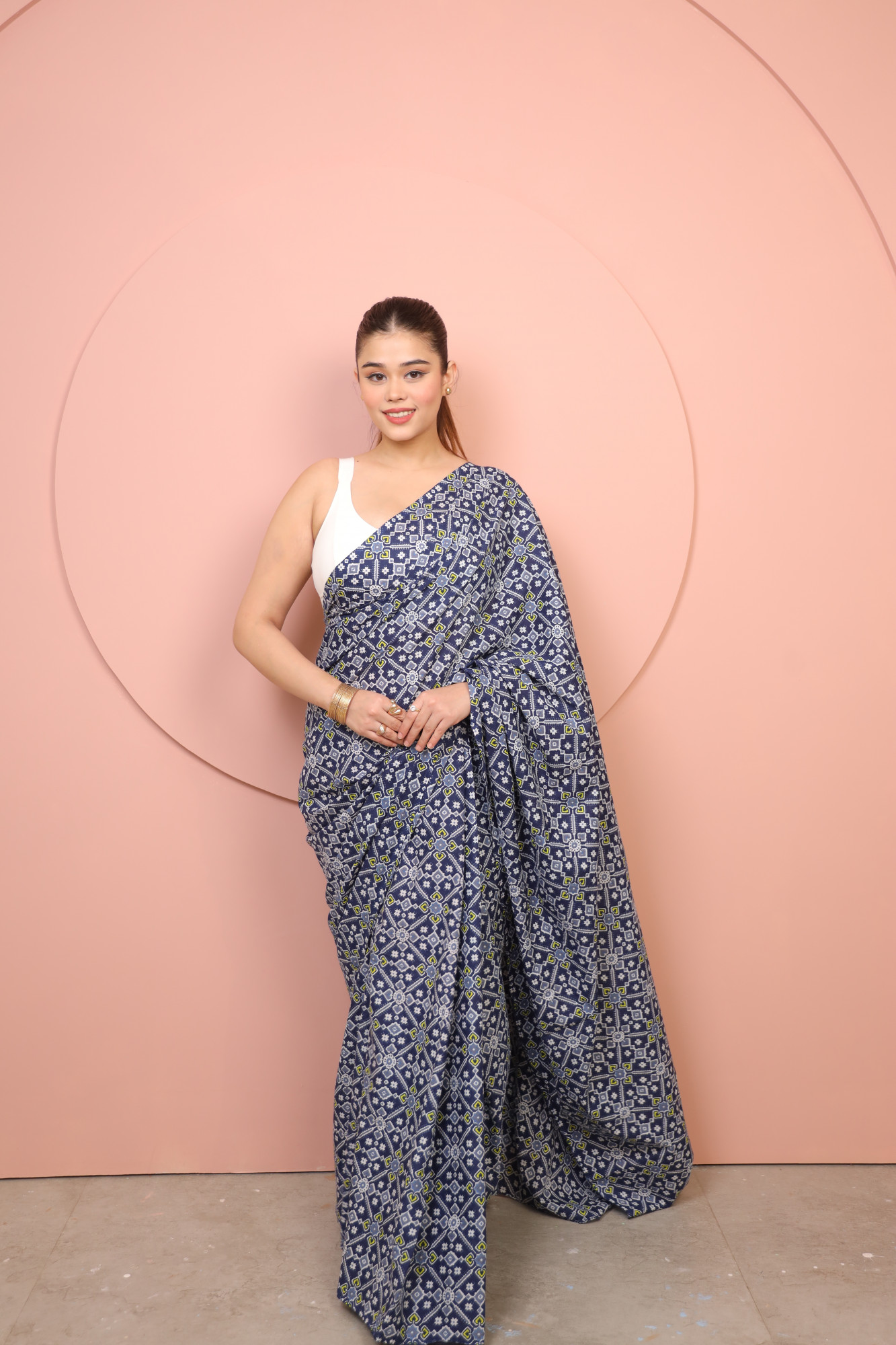 Blue and white floral Cotton saree