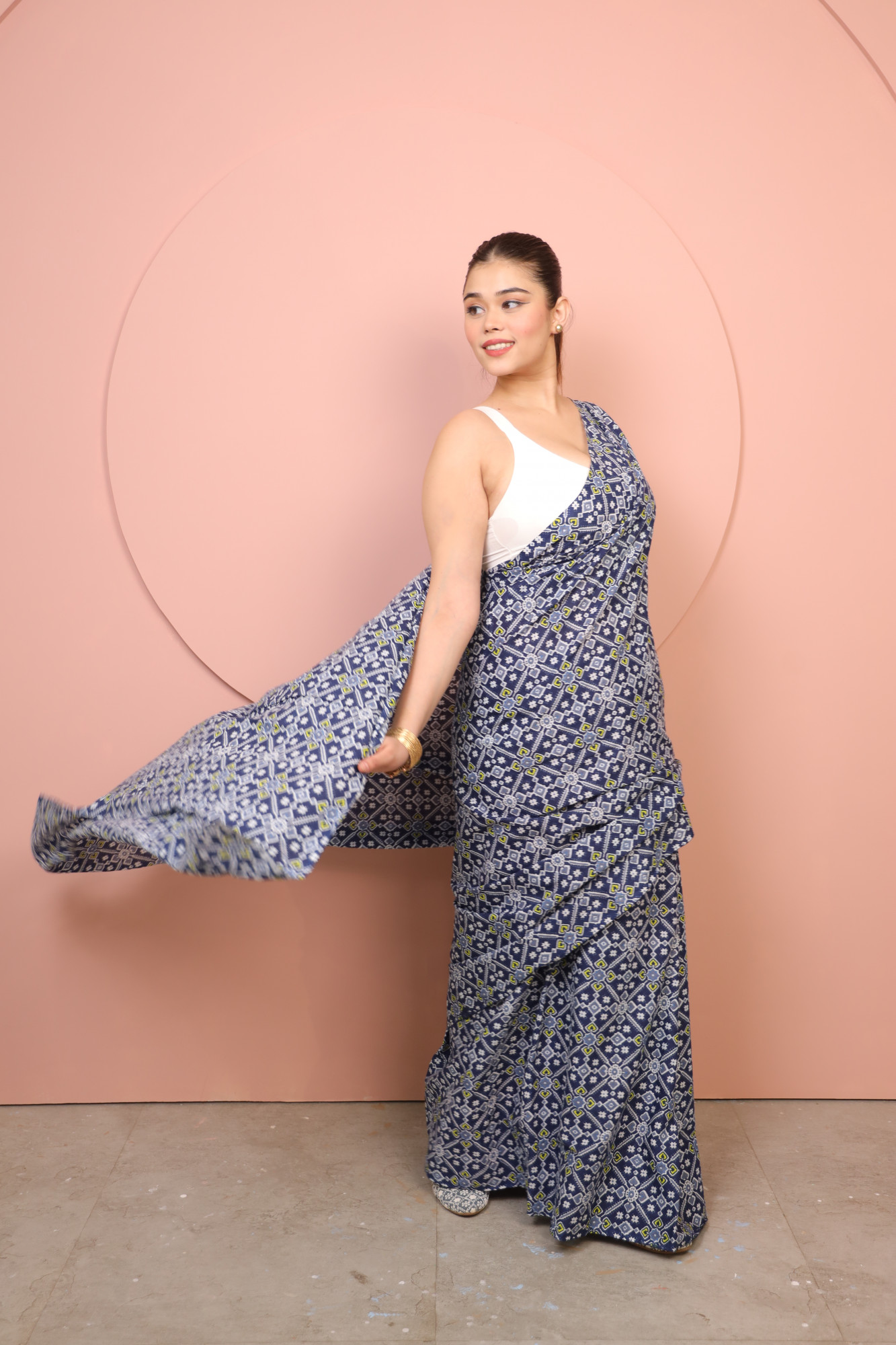 Blue and white floral Cotton saree