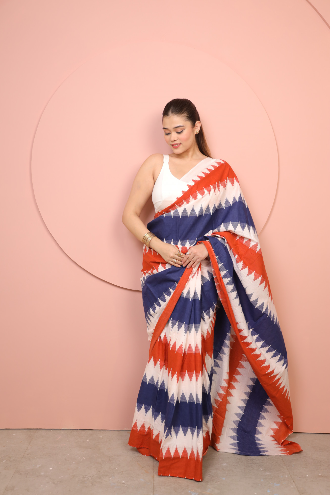 White Red And Blue Zig Zag Stripe Cotton Saree