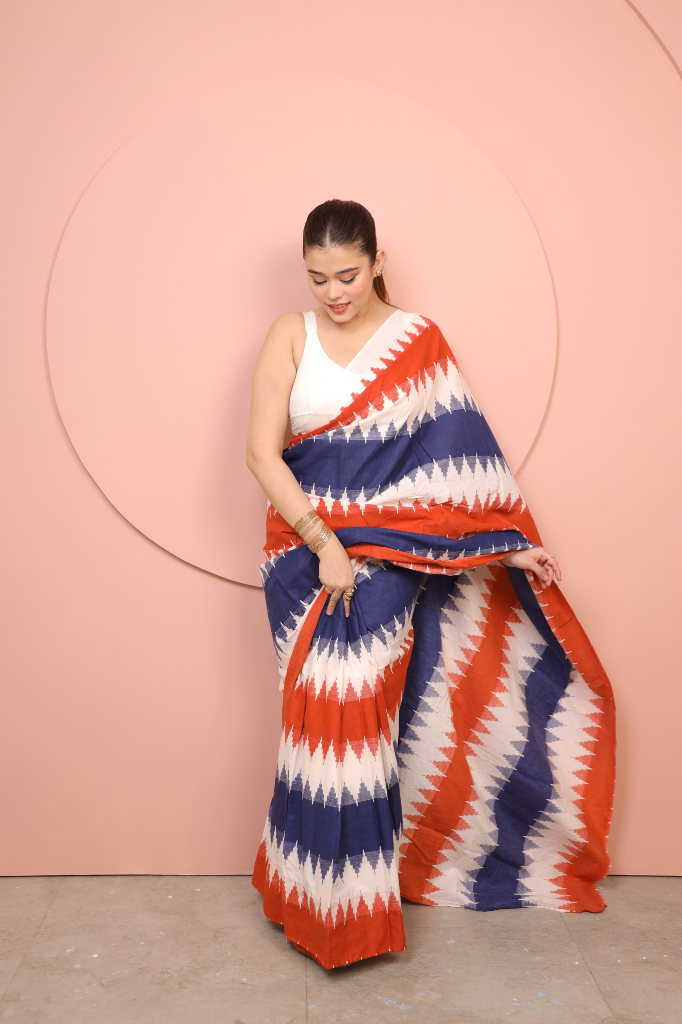 White Red And Blue Zig Zag Stripe Cotton Saree