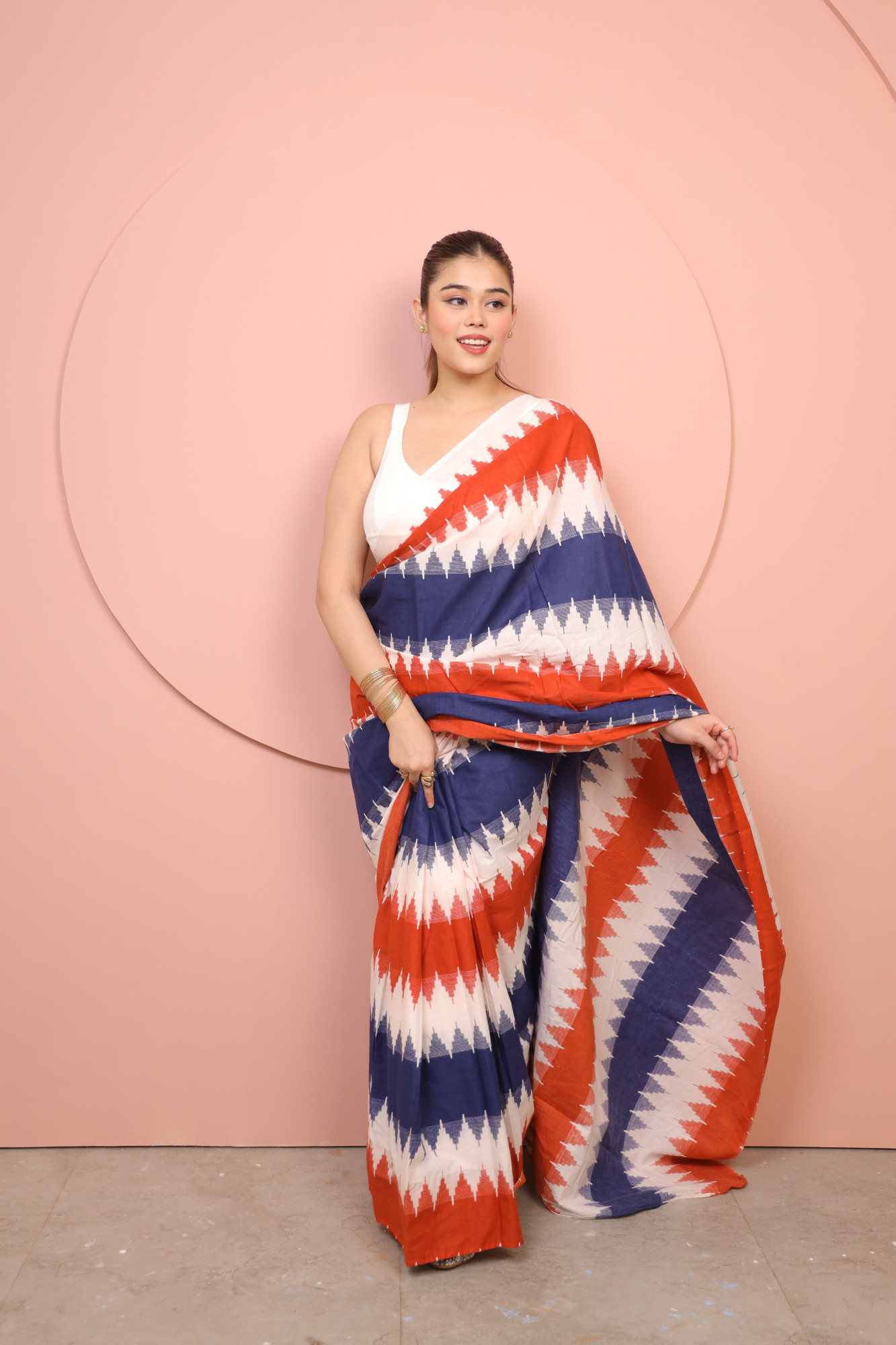 White Red And Blue Zig Zag Stripe Cotton Saree