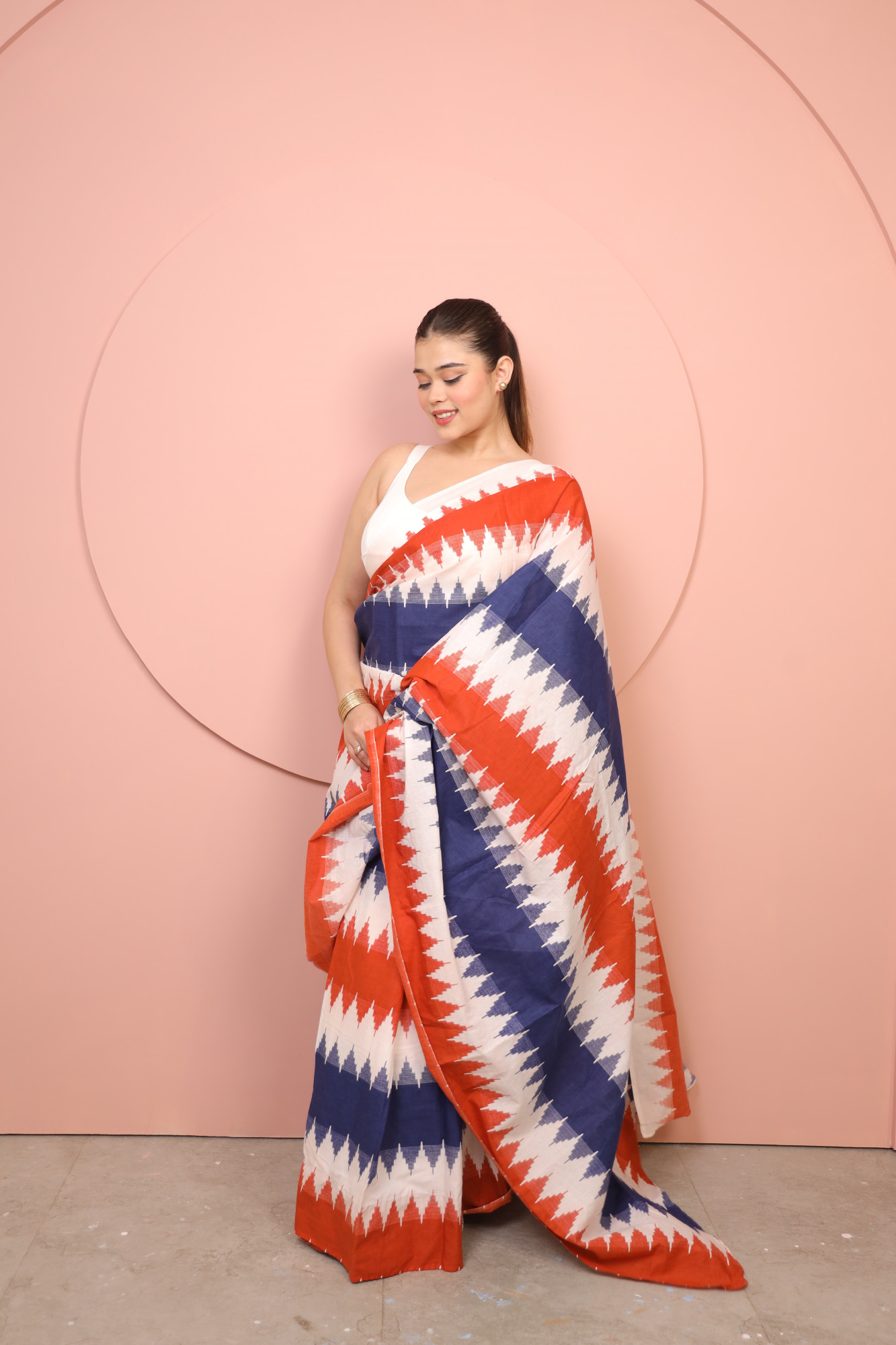 White Red And Blue Zig Zag Stripe Cotton Saree