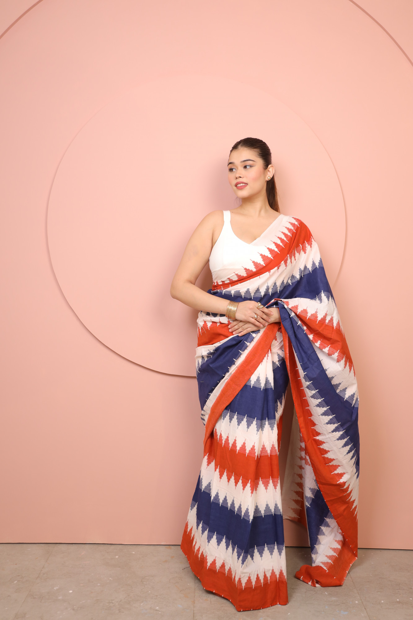 White Red And Blue Zig Zag Stripe Cotton Saree