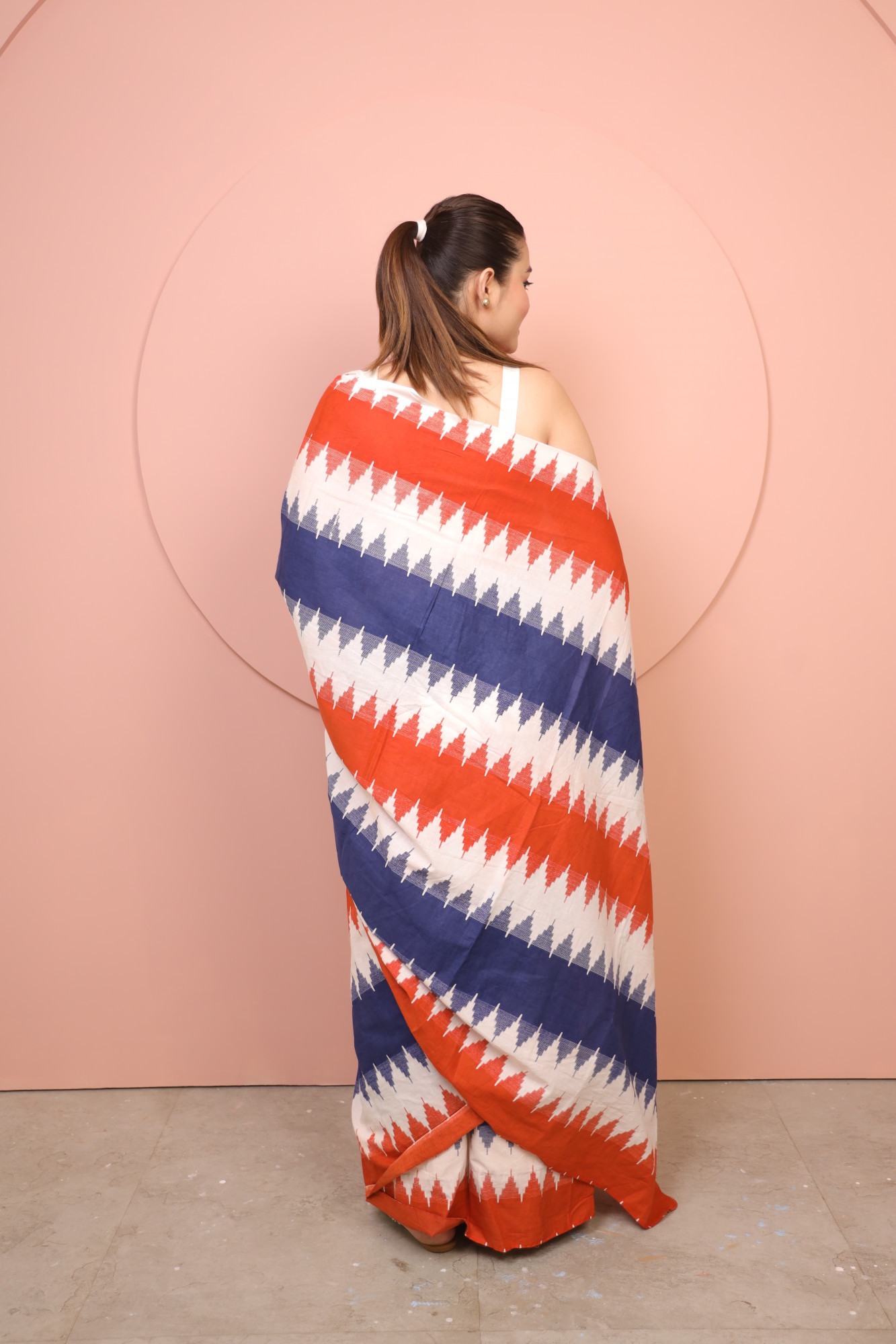 White Red And Blue Zig Zag Stripe Cotton Saree