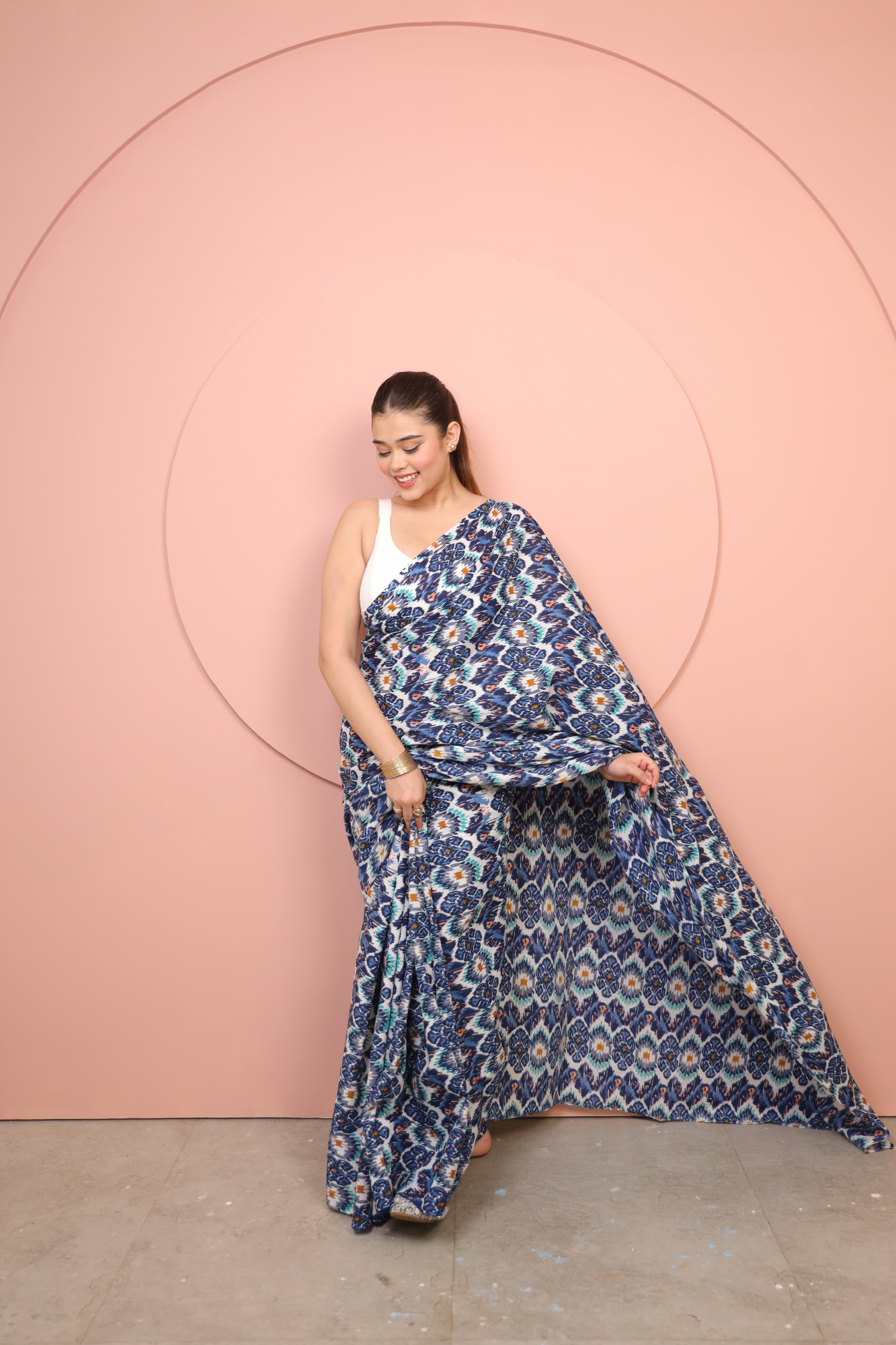 Blue and White printed Cotton saree