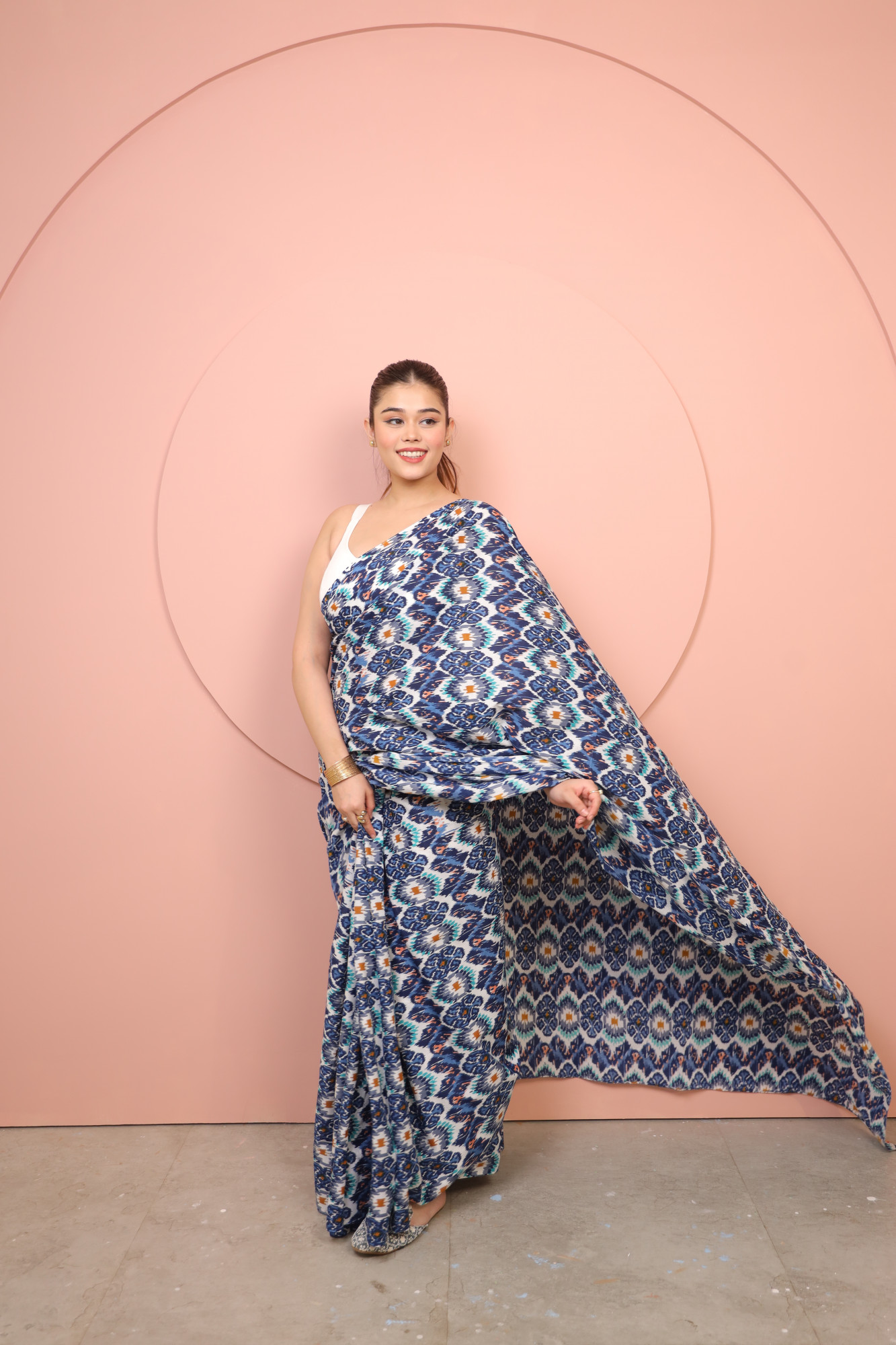 Blue and White printed Cotton saree